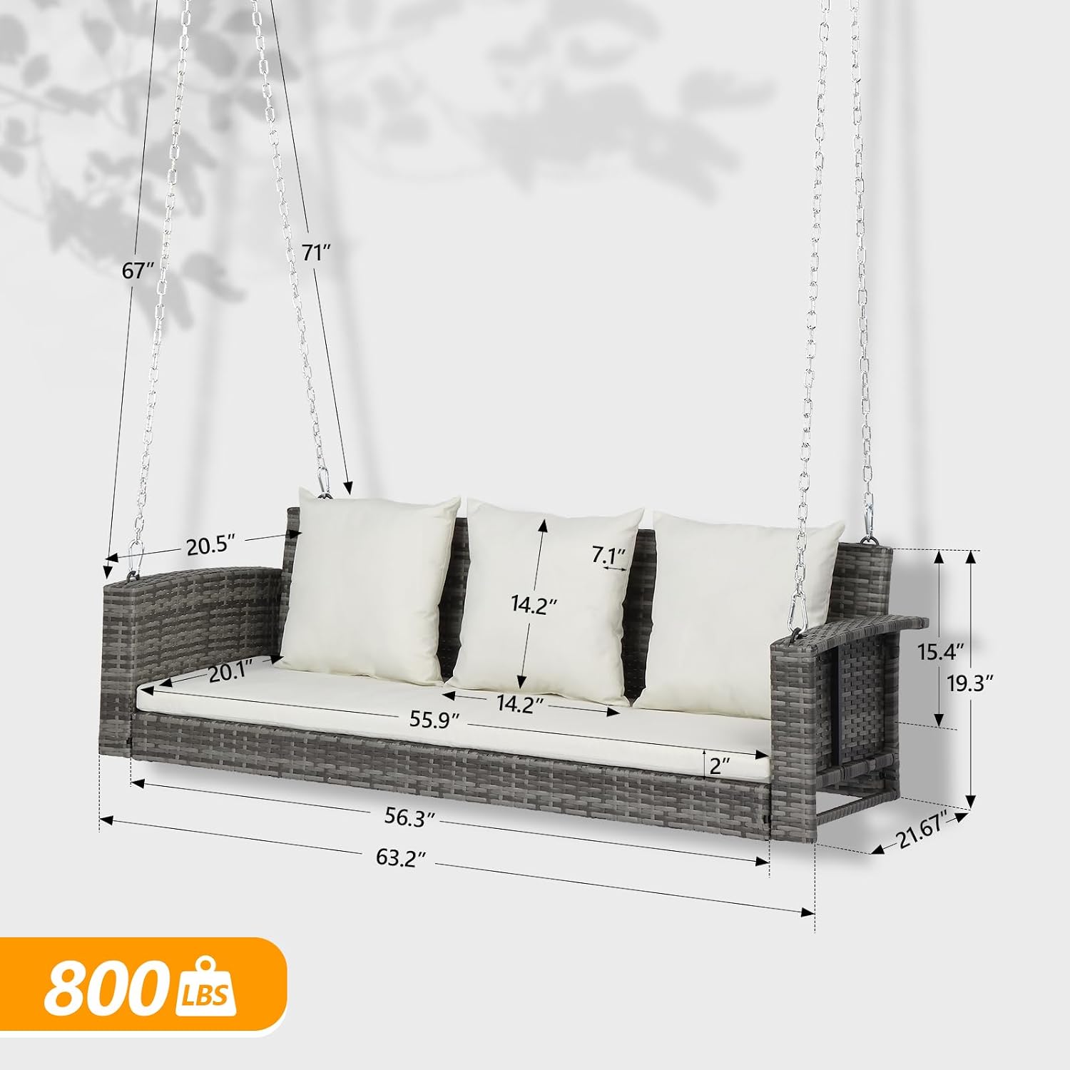 VINGLI Heavy Duty 800 LBS Wicker Hanging Porch Swing with Cushions & Chains, 5FT Outdoor Rattan Swing Bench for Garden, Yard, Lawn (Grey)