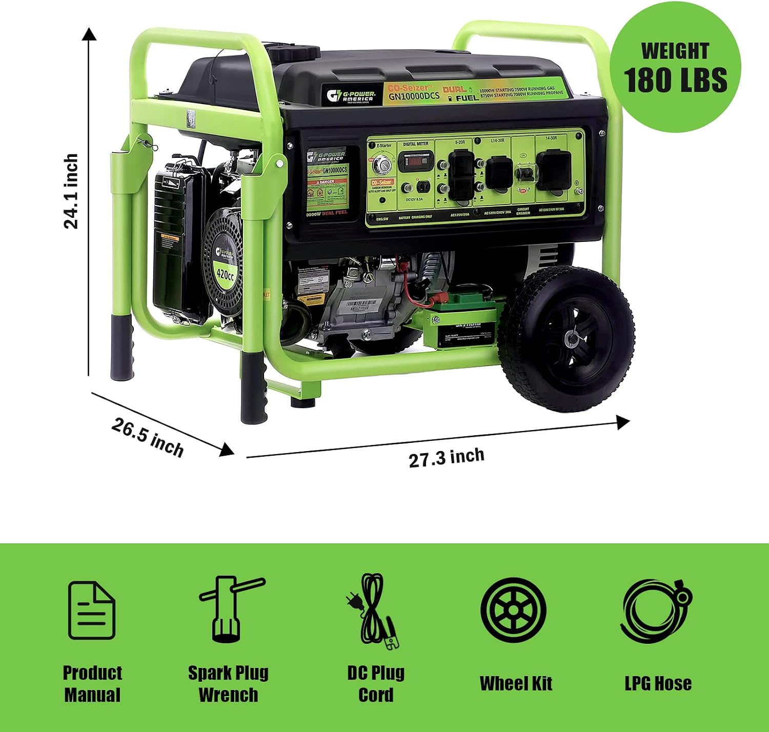Green-Power America Dual Fuel Portable Generator 10000 Watt,Gas or Propane Powered,Electrical/Recoil Start, Equipped with CO-Seizer CO Protection System