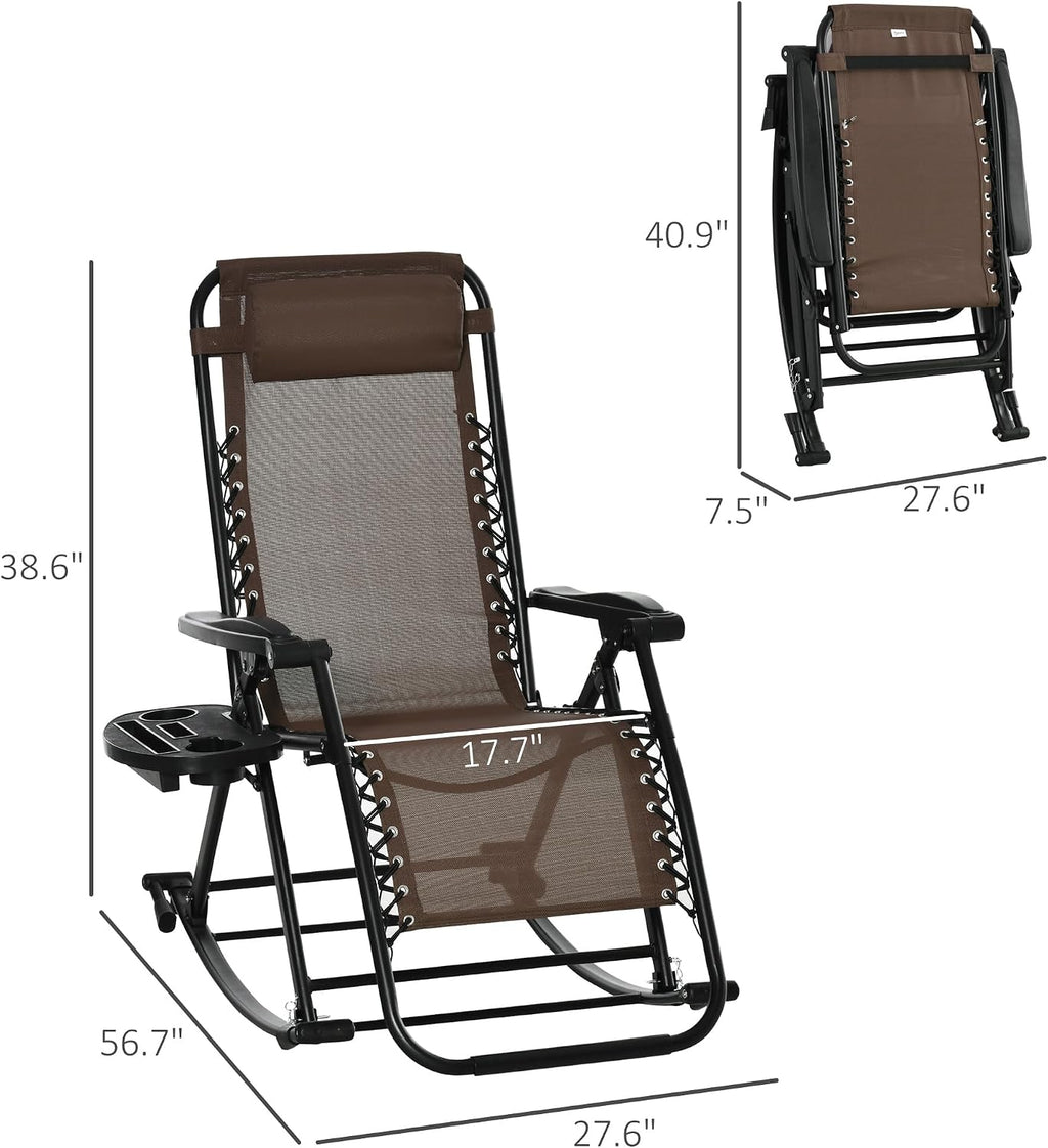 Outsunny Outdoor Rocking Chairs, Foldable Reclining Zero Gravity Lounge Rocker with Pillow, Cup & Phone Holder, Combo Design with Folding Legs, Brown