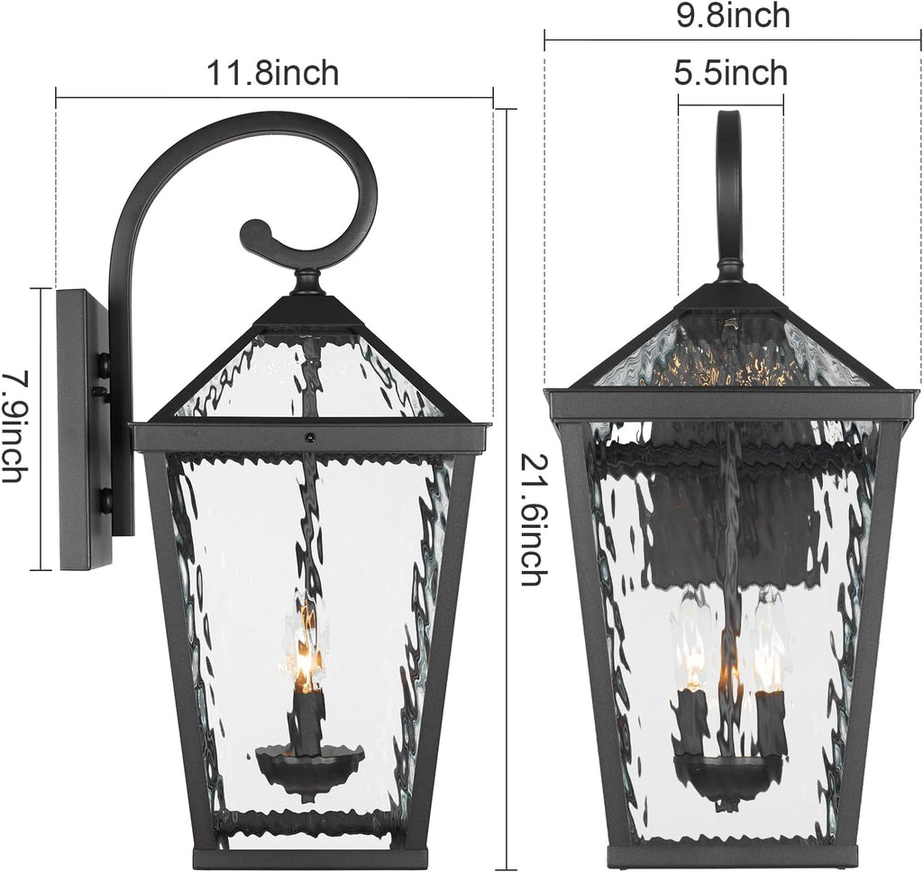 Treekee Outdoor Wall Light Fixture, Modern Waterproof Exterior Wall Lantern with E12 Sockets & Water Ripple Glass, Matte Black Rustic Wall Sconce Porch Lamp for Patio, Garage, Yard, Front Door, Garden