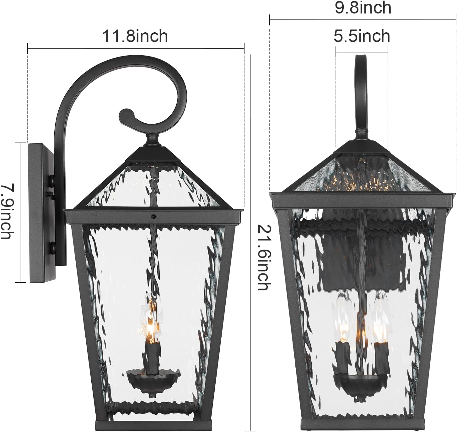Treekee Outdoor Wall Light Fixture, Modern Waterproof Exterior Wall Lantern with E12 Sockets & Water Ripple Glass, Matte Black Rustic Wall Sconce Porch Lamp for Patio, Garage, Yard, Front Door, Garden
