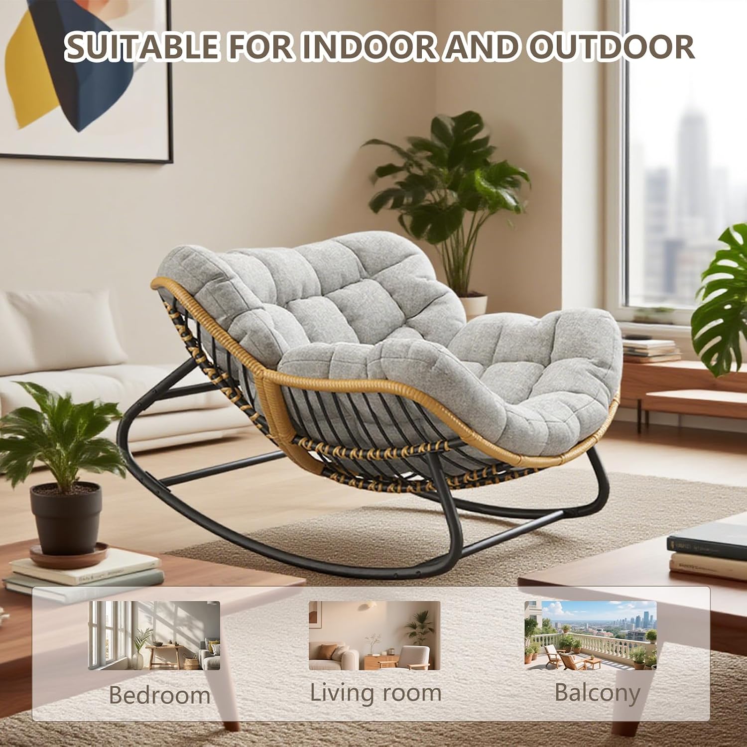 Oversized Papasan Rocking Chair with Extra Thick Cushion, Rattan Wicker Egg Chair for Indoor & Outdoor Use – Cozy Swivel Lounge Chair for Patio, Living Room, Bedroom, or Porch, Grey