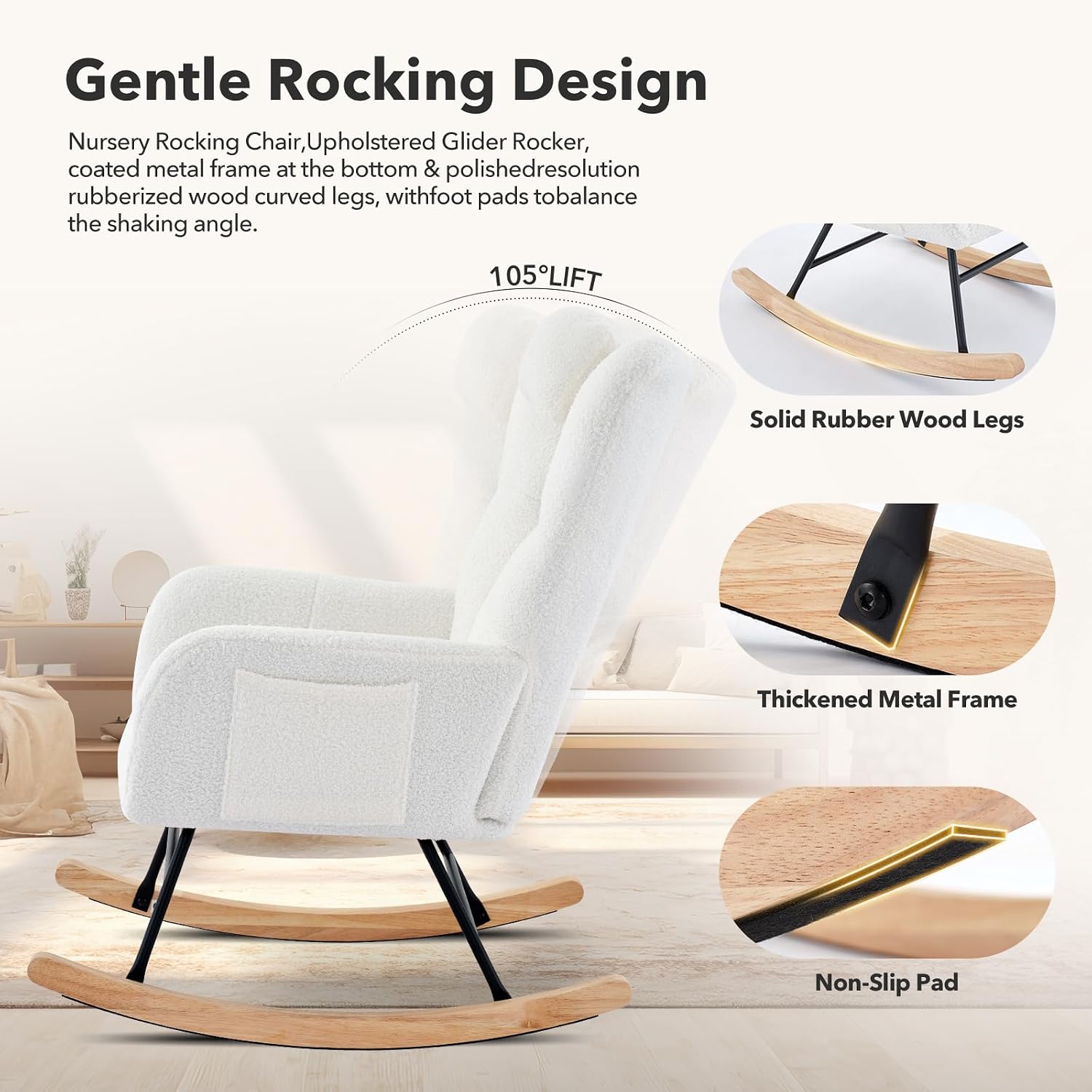 Nursery Rocking Chair,300Lb Glider Chair with Wood Legs/Two Side Pockets,Teddy Upholstered Glider Rocker with Padded Seat High Backrest for Living Room/Bedroom/Nursery