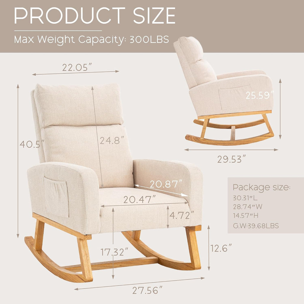 Rocking Chair Nursery - Glider Modern Accent Chairs Upholstered Linen Nursing Rocker Padded Armchair for Indoor Living Room Bedroom Beige
