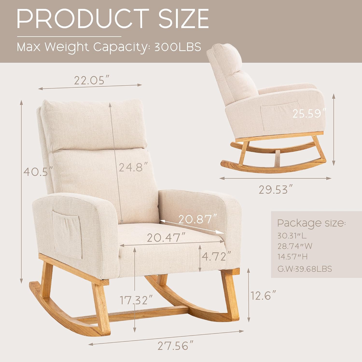 Rocking Chair Nursery - Glider Modern Accent Chairs Upholstered Linen Nursing Rocker Padded Armchair for Indoor Living Room Bedroom Beige