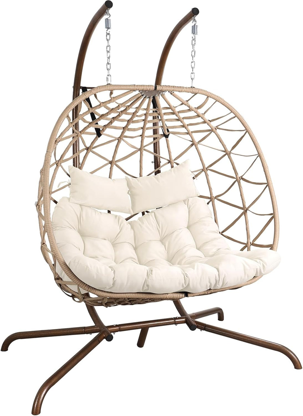 NOBLEMOOD Outdoor Egg Swing Chair with Stand, 2 Person Patio Swing Chairs with Thick Cushions and Pillows, Wicker Double Egg Chair Swing for Indoor Bedroom