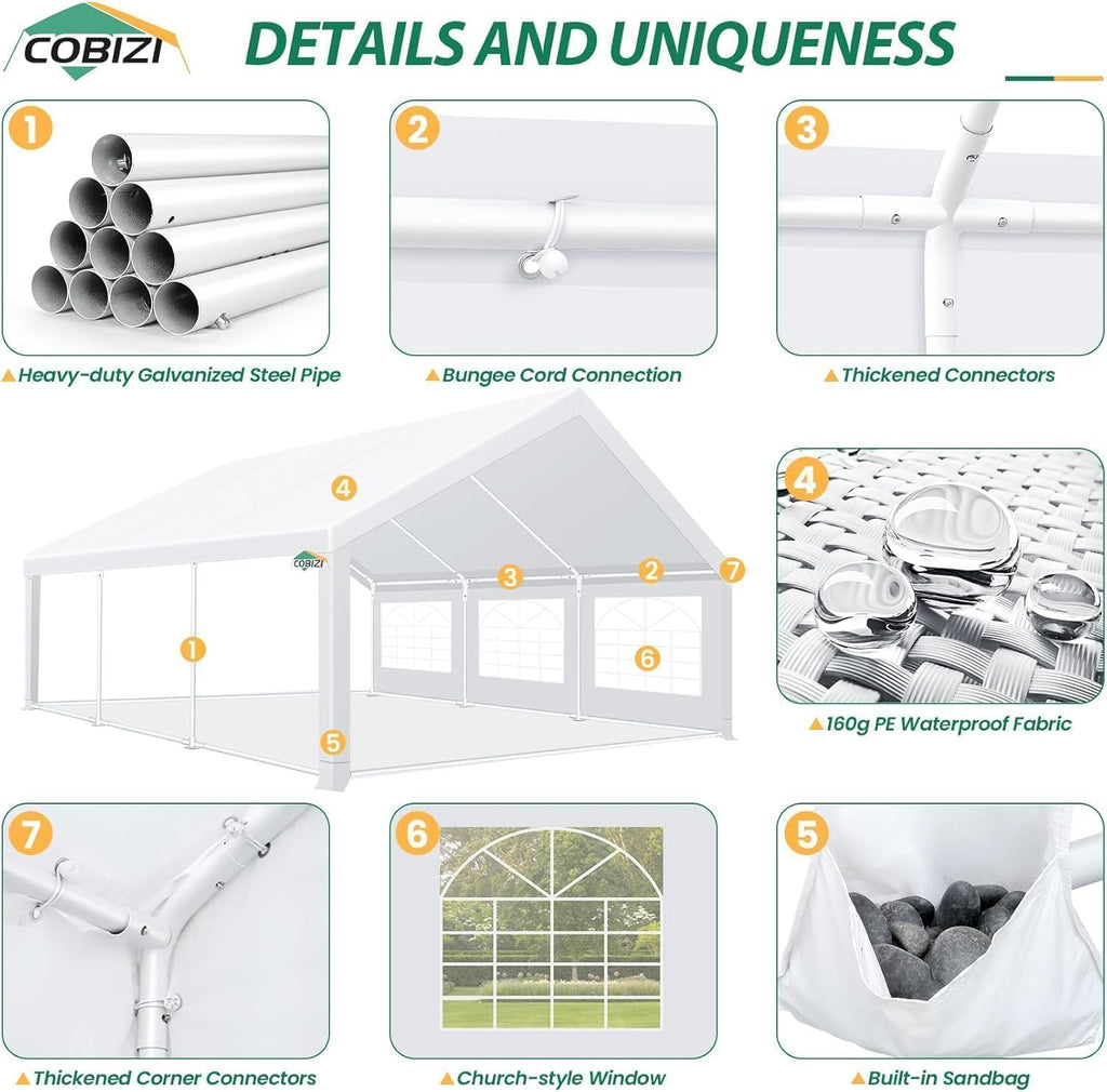 COBIZI 20x20 Heavy Duty Party Tent Outdoor Waterproof Canopy with 10 Church Windows & 6 Sidewalls, Built-in Sandbag, White Powder Coating Commercial Event Shelter Tents for Parties Wedding BBQ Patio