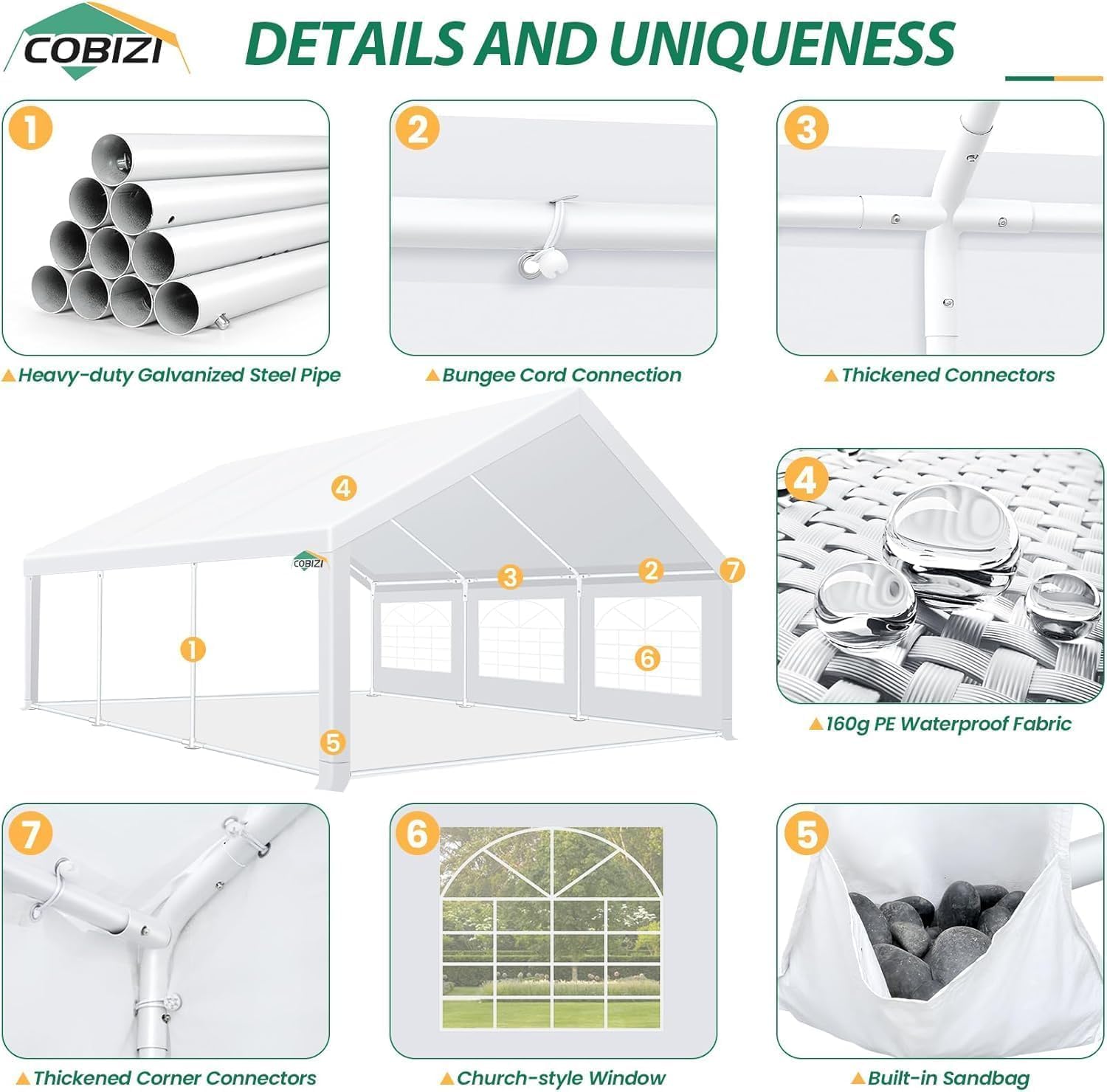 COBIZI 20x20 Heavy Duty Party Tent Outdoor Waterproof Canopy with 10 Church Windows & 6 Sidewalls, Built-in Sandbag, White Powder Coating Commercial Event Shelter Tents for Parties Wedding BBQ Patio