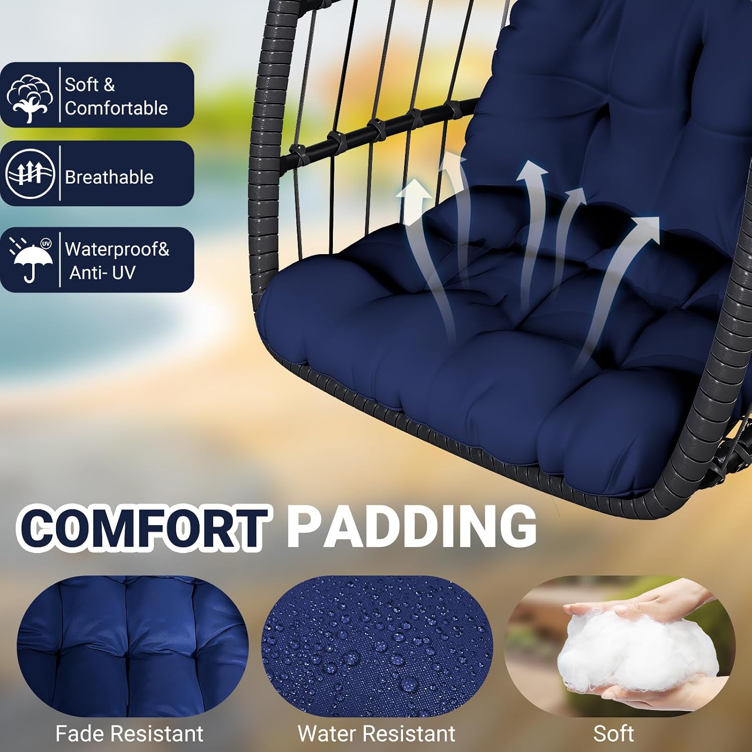 CHABATREE Egg Chair with Stand,Patio Rattan Wicker Hanging Swing Egg Chair Hammock Chair for Bedroom Porch Garden,Thickened Aluminum Alloy Steel Frame and UV Resistant Cushion,350LBS Capacity