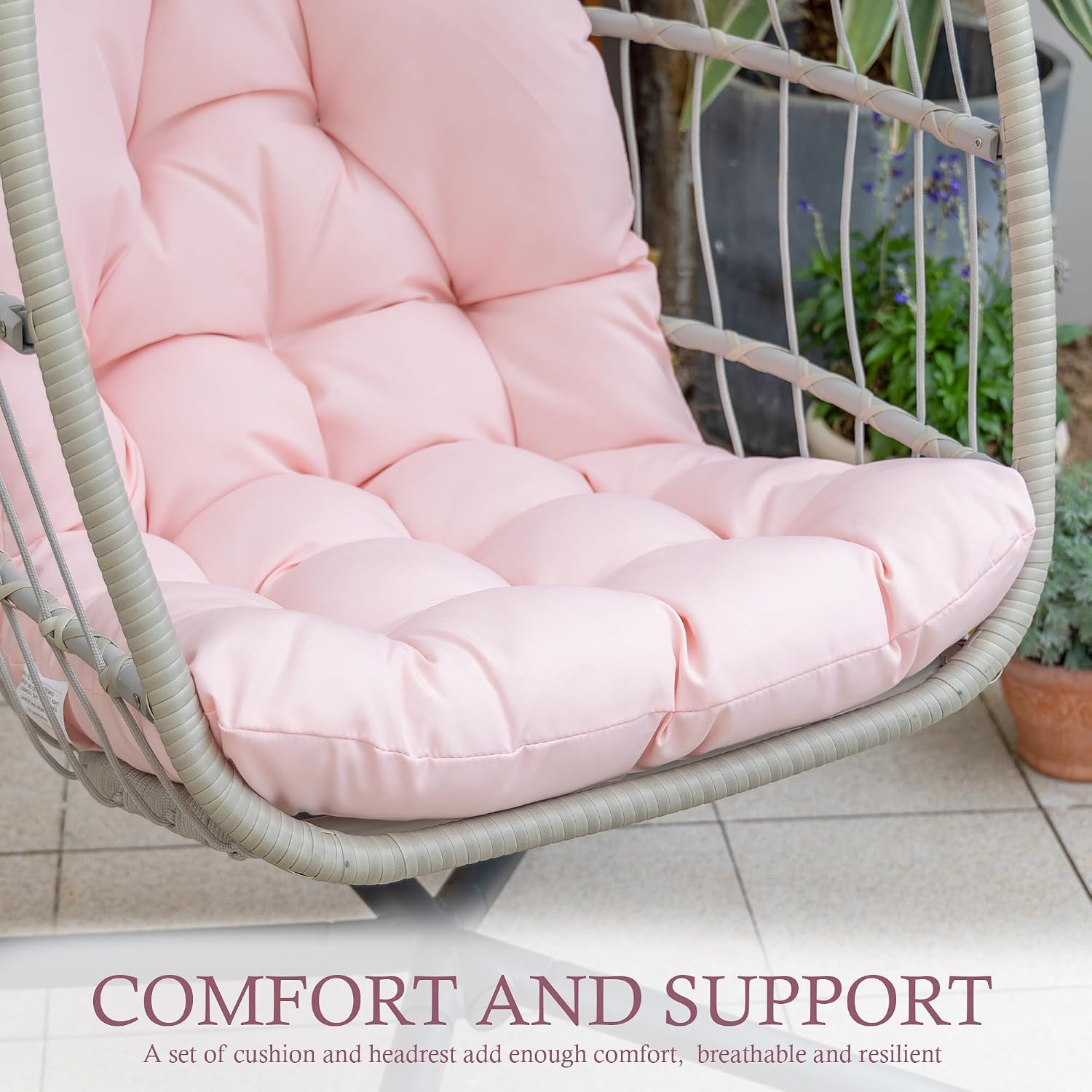 Yechen Egg Hanging Chair with Stand, Patio Wicker Pink Swing Chair Hammock Egg Chairs with UV Resistant Cushion for Indoor Bedroom Outdoor Garden Backyard