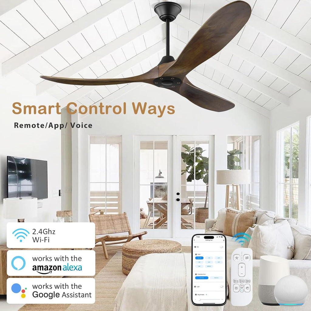 60 inch DC Ceiling Fan No Light Outdoor Ceiling Fan for Patios Damp Rated, ETL Listed 3 Blade Large Airflow Indoor Commercial Smart Ceiling Fans for Exterior Porch Gazebo with Alexa/Remote/APP Control