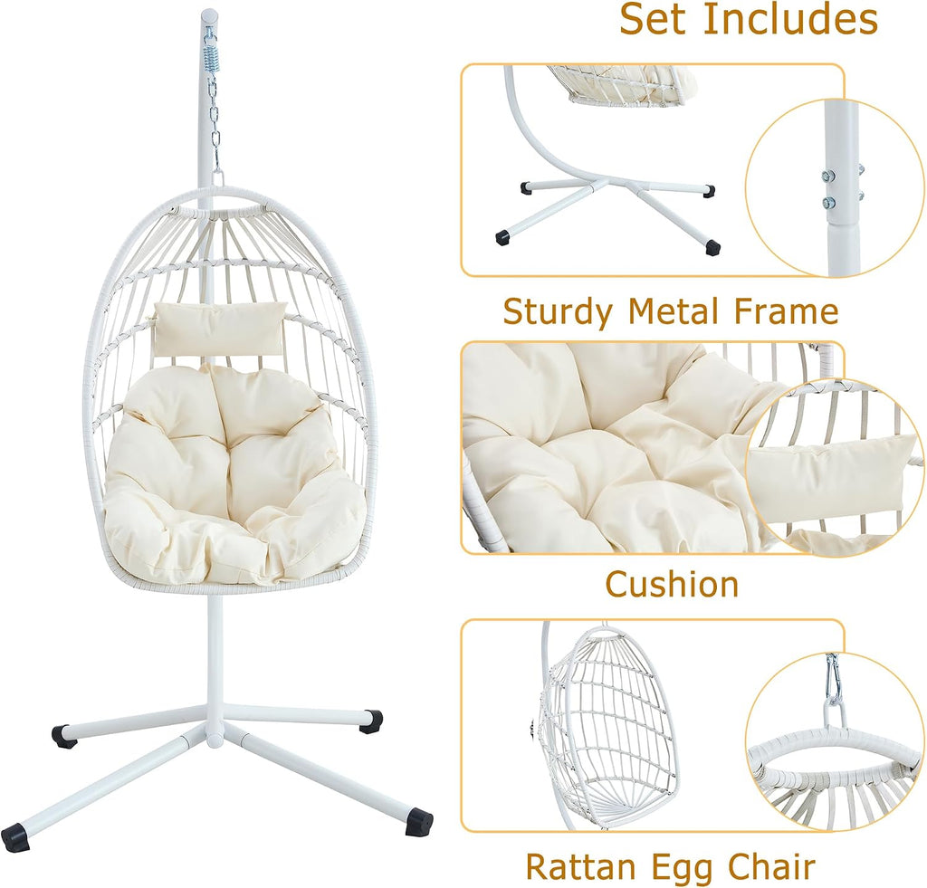 Egg Chair with Stand – Faux Rattan Wicker Hanging Hammock Chair, Soft Cushions & Pillow, Titanium Alloy Frame, UV-Resistant, All-Weather, Easy Assembly, 350 lbs Capacity for Patio, Garden, Balcony