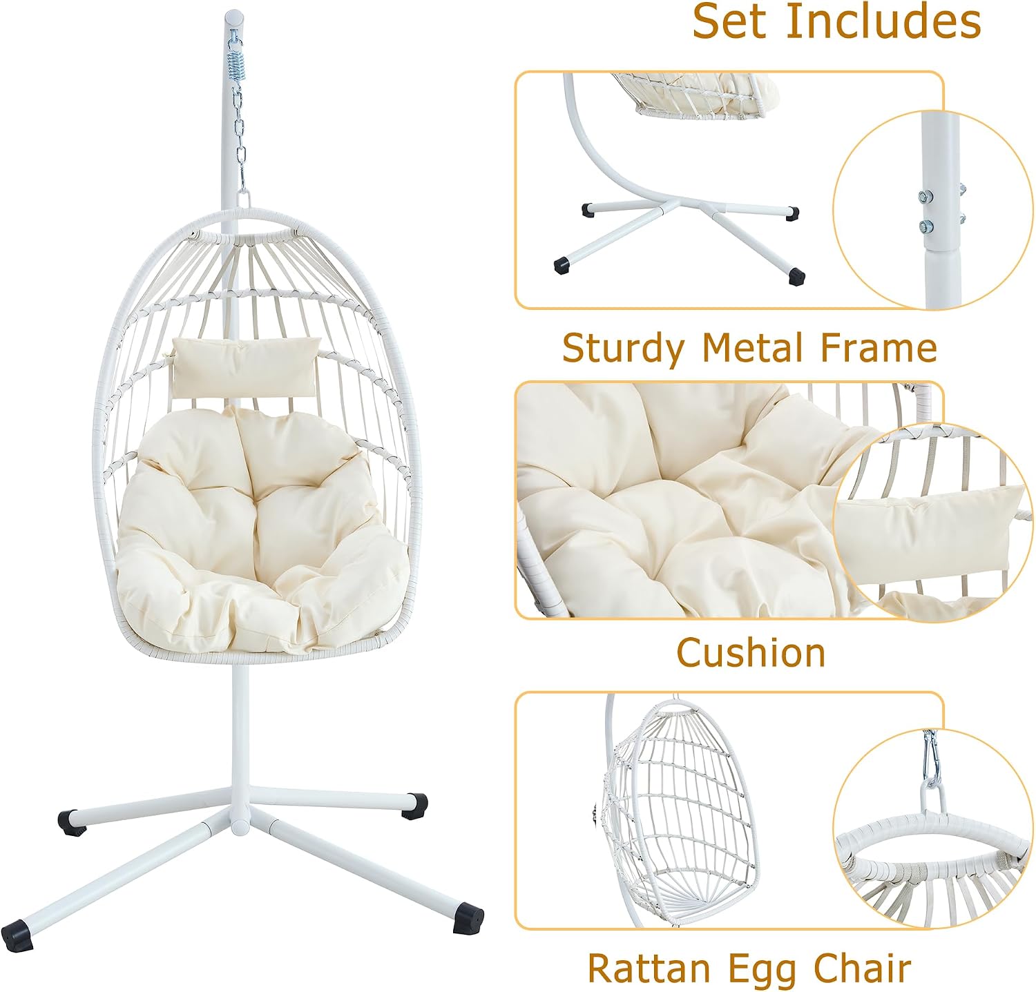 Egg Chair with Stand – Faux Rattan Wicker Hanging Hammock Chair, Soft Cushions & Pillow, Titanium Alloy Frame, UV-Resistant, All-Weather, Easy Assembly, 350 lbs Capacity for Patio, Garden, Balcony