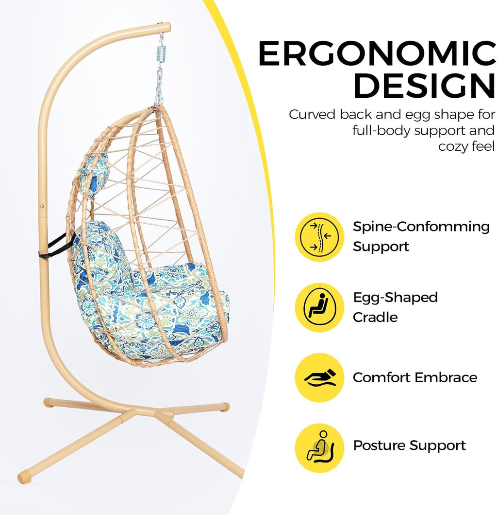 Egg Chair with Stand, Wicker Hanging Chair for Outdoor Patio, Cushioned Hammock Swing for Bedroom Garden Indoor/Outdoor, Double-Zipper Structure Hanging Egg Chair (Yellow and Moroccan)