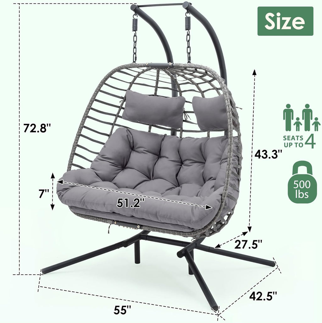 Double Egg Swing Chair with Stand for Outdoor, Patio Hand Made Rattan Wicker 2 Double Hanging Egg Chairs Hammock Chair with UV Resistant Cushion and Metal Frame, Porch Swing Loveseat for Backyard