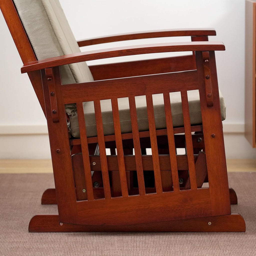 Solid Wood Glider Rocking Chair and Ottoman Set, Rustic Nursery Glider Rocker with Padded Cushion, Smooth Rocking Motion Indoor Living Room Nursing，Napping，Reading, Brown