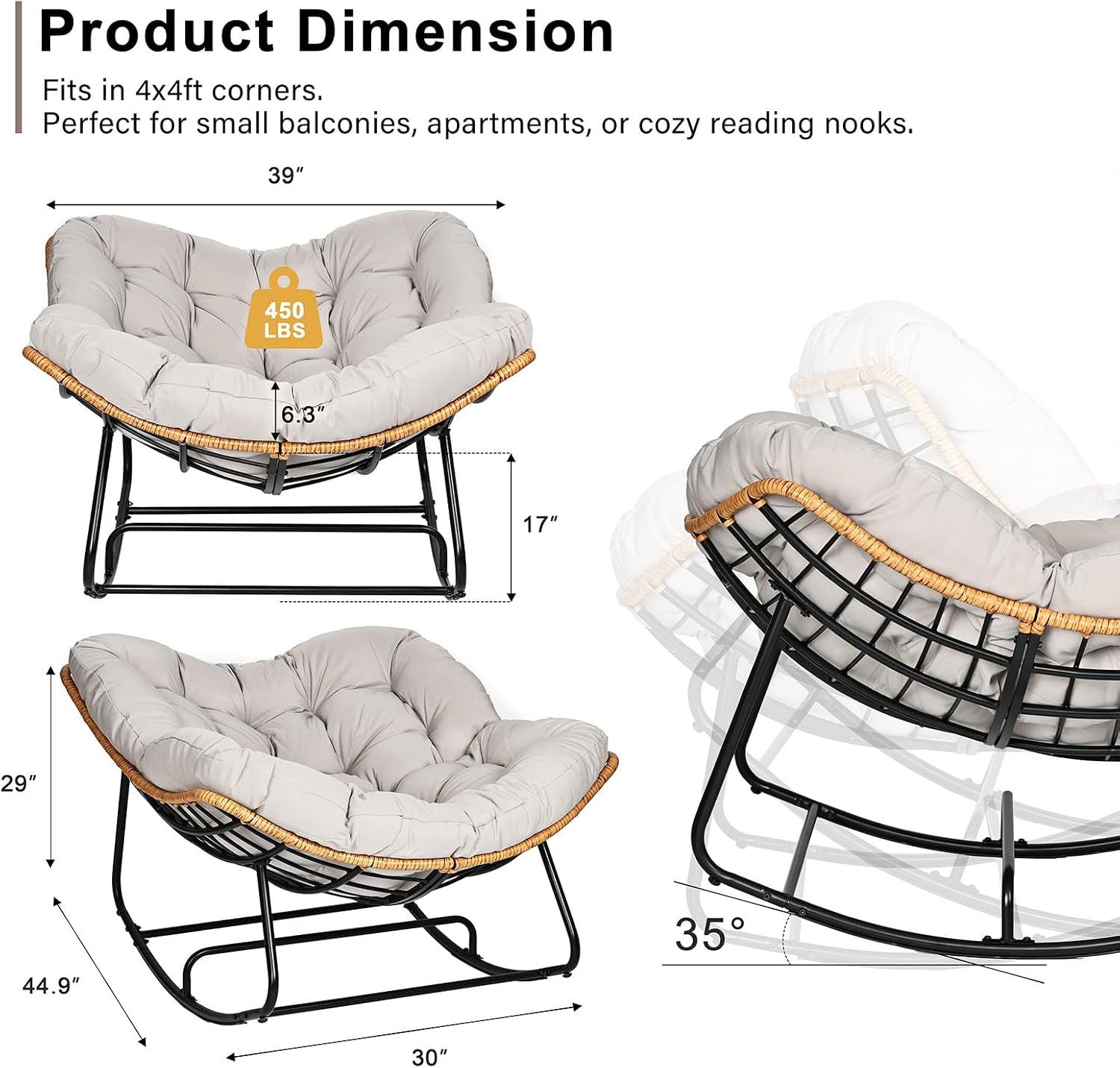 Outdoor Egg Rocking Chair, Indoor Papasan Rocking Chair with Thick Cushion, Modern Lounge Rocker for Balcony, Living Room, Bedroom, Porch, Lawn, Garden (Light Gray)