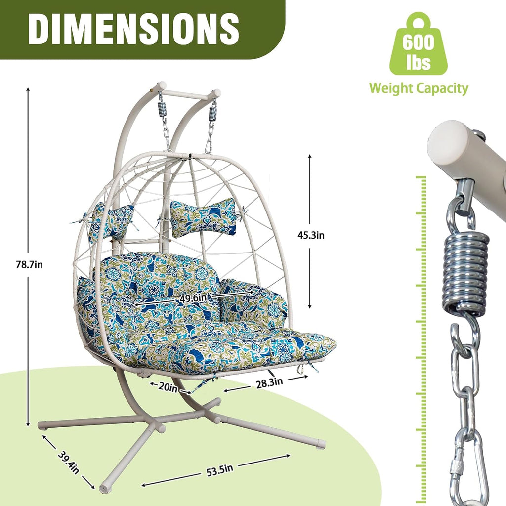 Double Outdoor Egg Chair with Stand, 2 Person Hanging Egg Chair with Adjustable Footrest Outdoor, Oversized Wicker Hammock Swing Chair with Thickened Cushions, 660Lbs (White Frame Patterned Cushion)