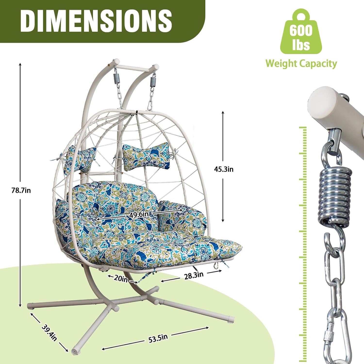 Double Outdoor Egg Chair with Stand, 2 Person Hanging Egg Chair with Adjustable Footrest Outdoor, Oversized Wicker Hammock Swing Chair with Thickened Cushions, 660Lbs (White Frame Patterned Cushion)