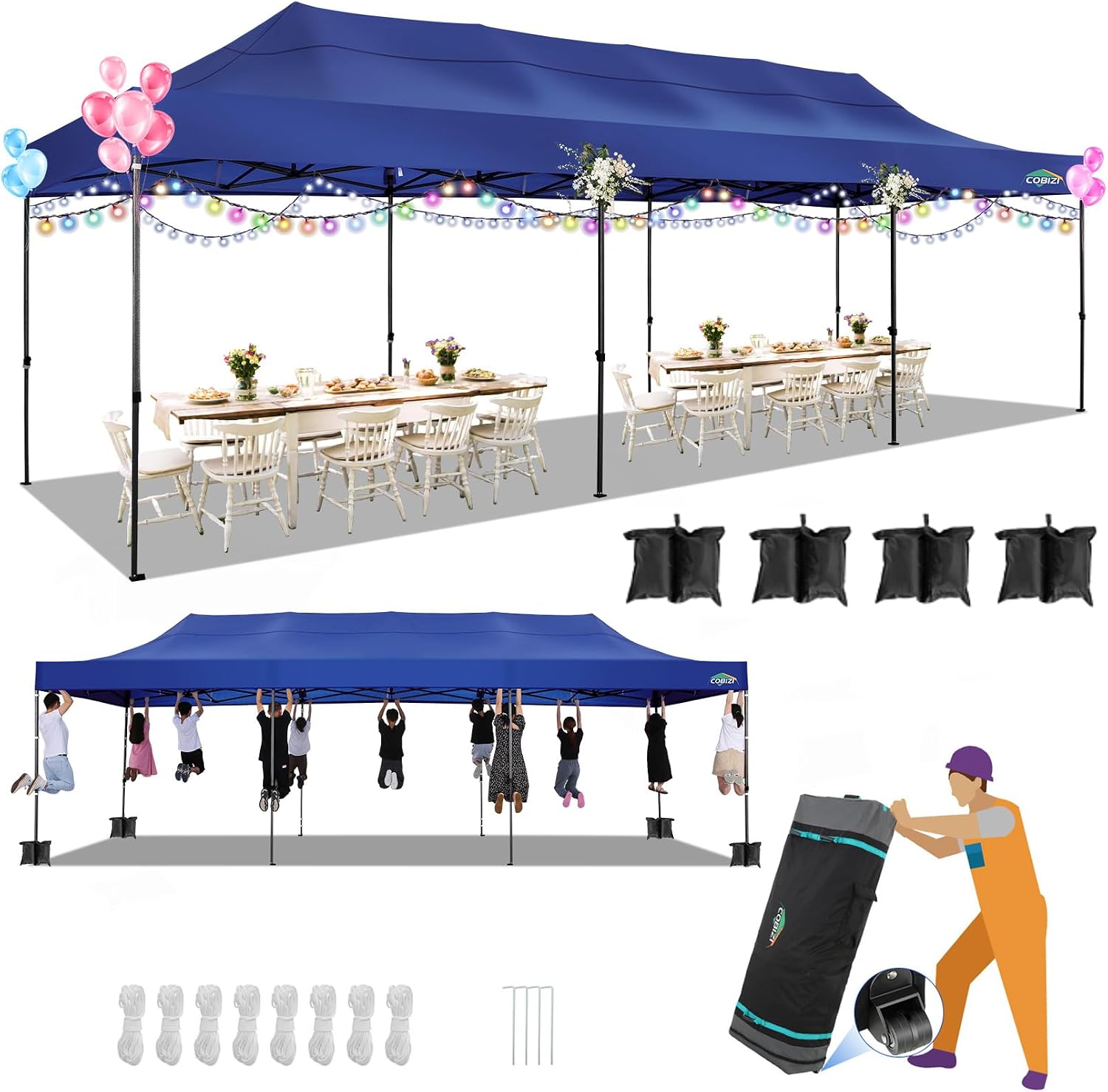 COBIZI 10x30 Pop up Canopy, Heavy Duty Outdoor Party Tents for Parties, Easy up UPF 50+ Waterproof Commercial Canopy with Wheeled Bag can fold, Dark Blue