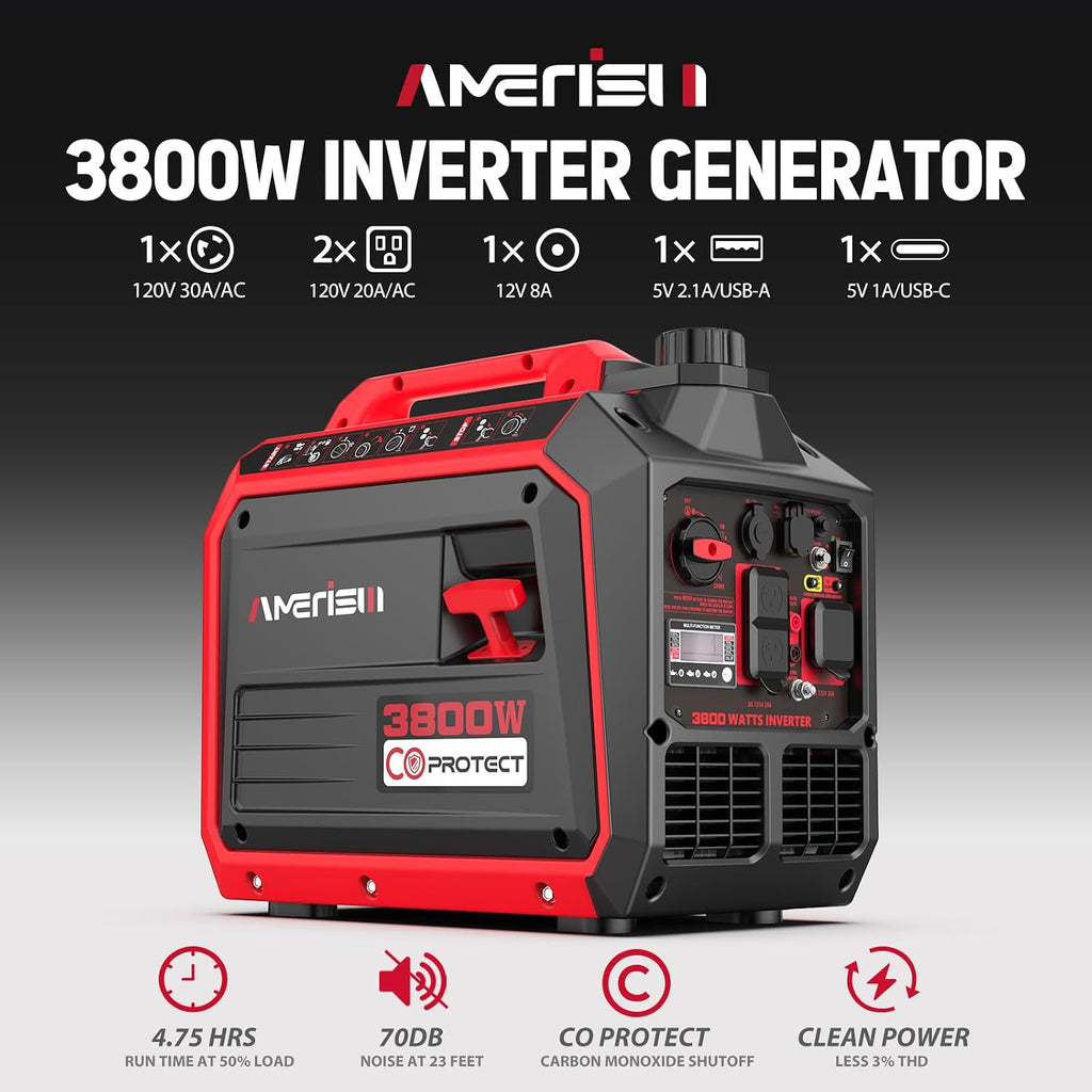 AMERISUN 3800 Watt Portable Inverter Generator with CO Protect, Super Quiet Generator for Home Use, Camping, RV and Trailer, Gas Powered, EPA Compliant
