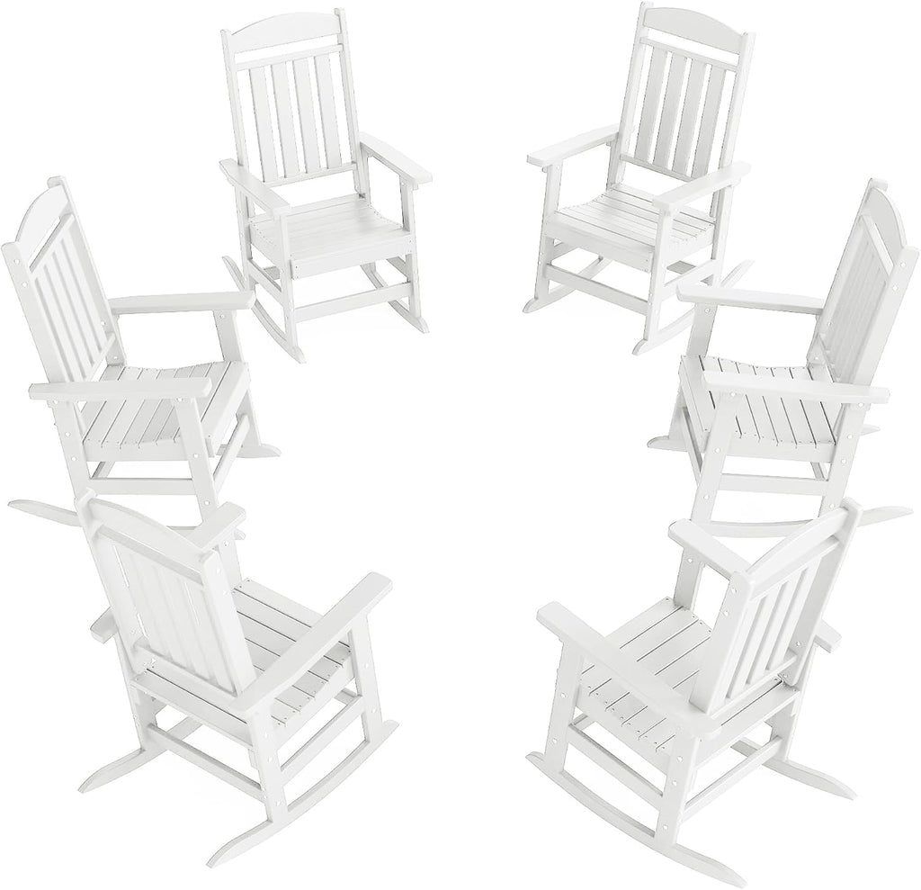 NAVINE Outdoor Rocking Chairs Set of 6, Oversized High Back Patio Rocking Chairs, All Weather Porch Rocking Chairs for Outside. White
