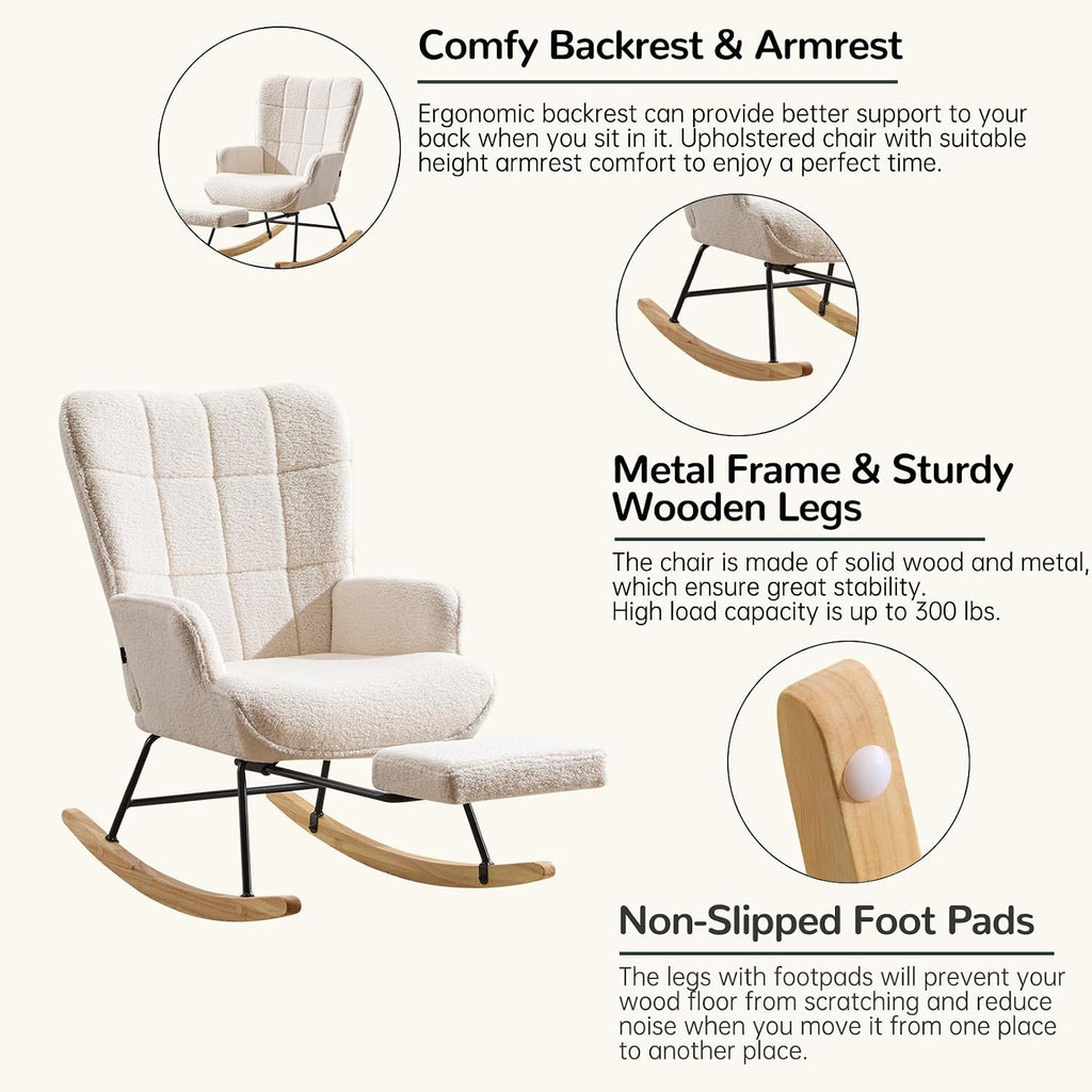 Furniliving Nursery Rocking Chair Modern Armchair Upholstered Glider Rocking Chair Accent Chair with Retractable Footrest Reading Chair with High Backrest Solid Wood Base for Bedroom, White, Teddy