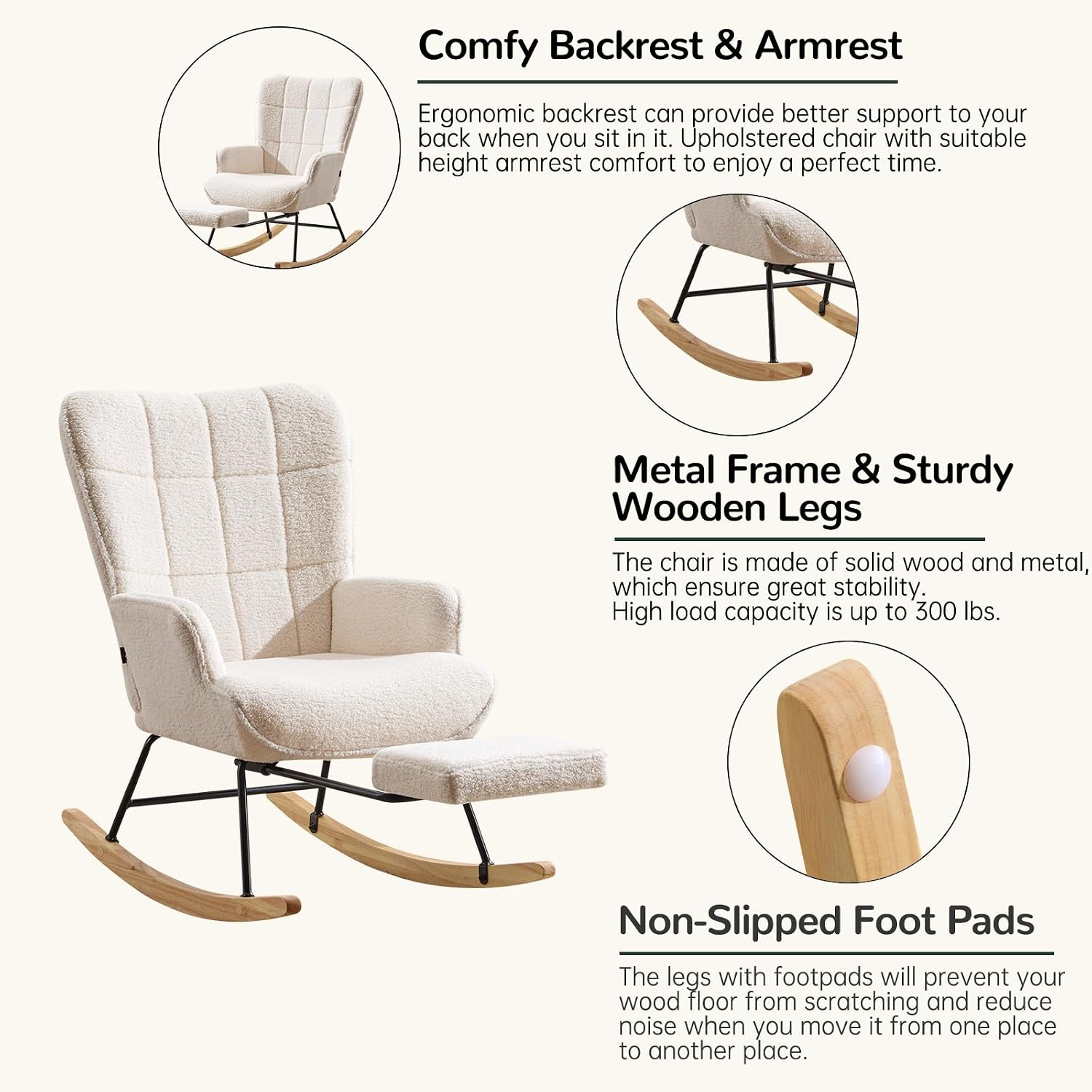 Furniliving Nursery Rocking Chair Modern Armchair Upholstered Glider Rocking Chair Accent Chair with Retractable Footrest Reading Chair with High Backrest Solid Wood Base for Bedroom, White, Teddy