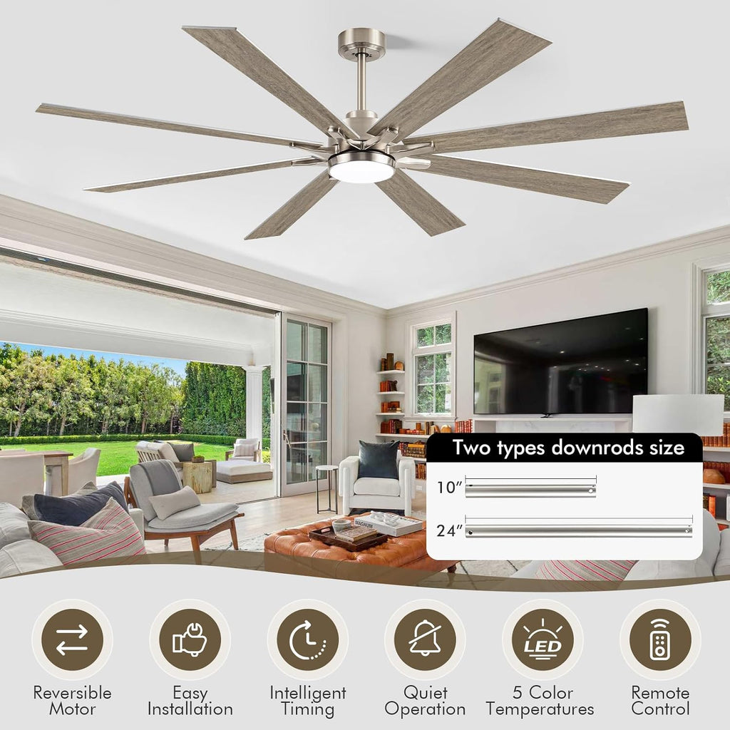 72 Inch Outdoor Ceiling Fan for Patio with Lights, Large Silver Industrial DC Motor Ceiling Fan with Light, Damp Rated Indoor or Covered Outdoor Ceiling Fans for Living Room Sunroom Porch Patio