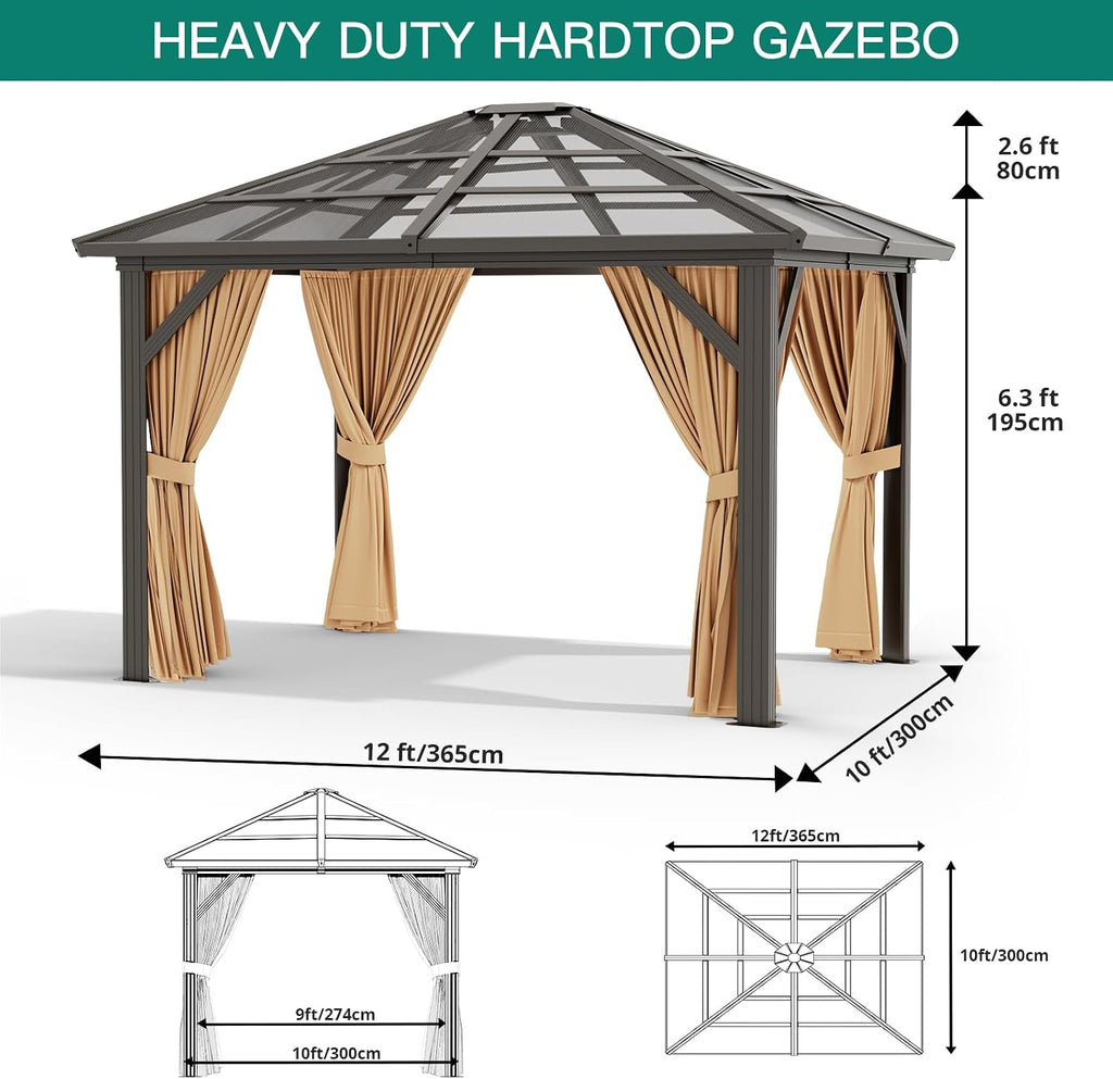 GarveeHome 10x12 ft Outdoor Gazebo Canopy with Heavy-Duty Aluminum Frame & Waterproof PVC Roof - Sun Shelter Tent for Backyard, Patio, Garden, Park Events