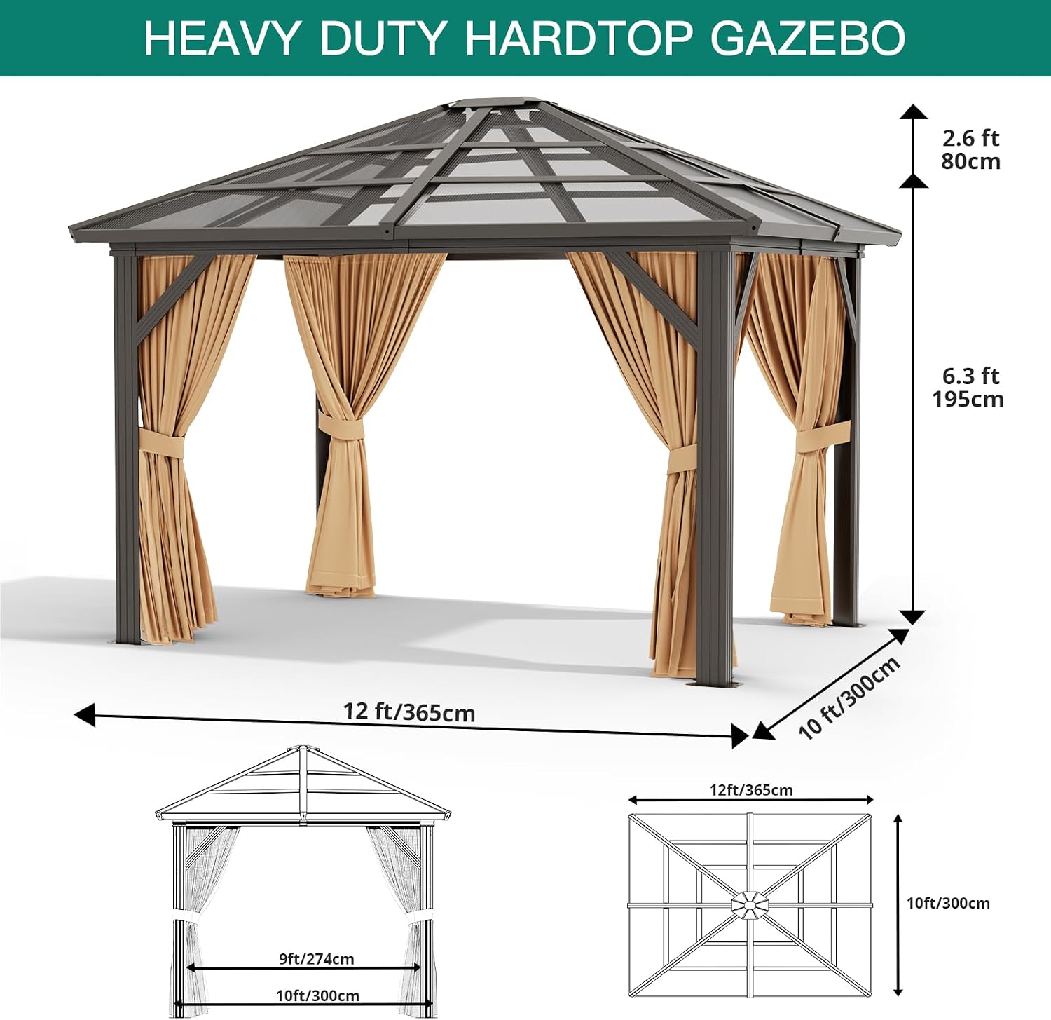 GarveeHome 10x12 ft Outdoor Gazebo Canopy with Heavy-Duty Aluminum Frame & Waterproof PVC Roof - Sun Shelter Tent for Backyard, Patio, Garden, Park Events