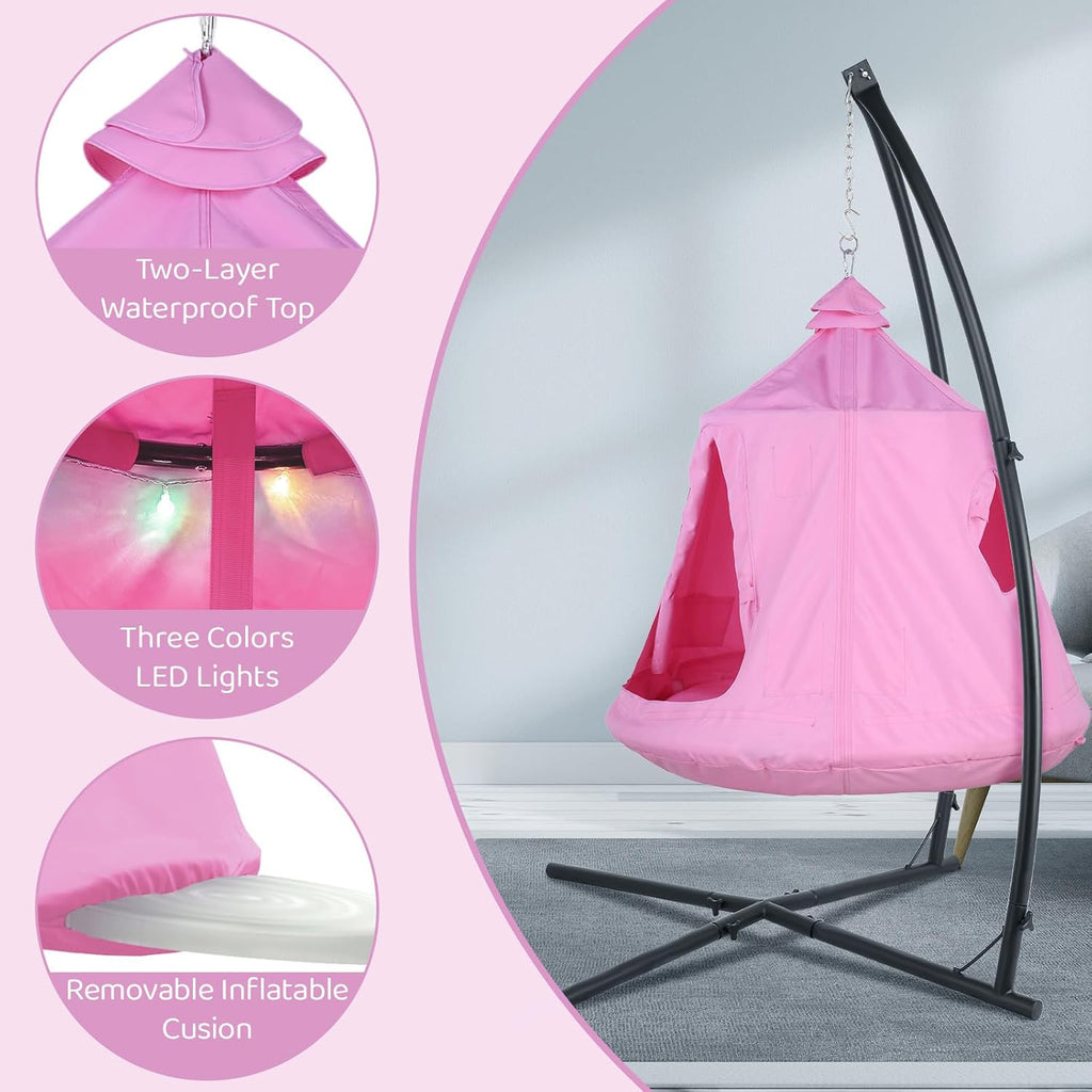 Arlopu Hanging Hammock w(Tree Tent & Metal Swing Chair) for Indoor/Outdoor, Egg Basket Patio Seat w/Adjustable Solid Stand, Porch Bedroom Balcony Chair (Pink)