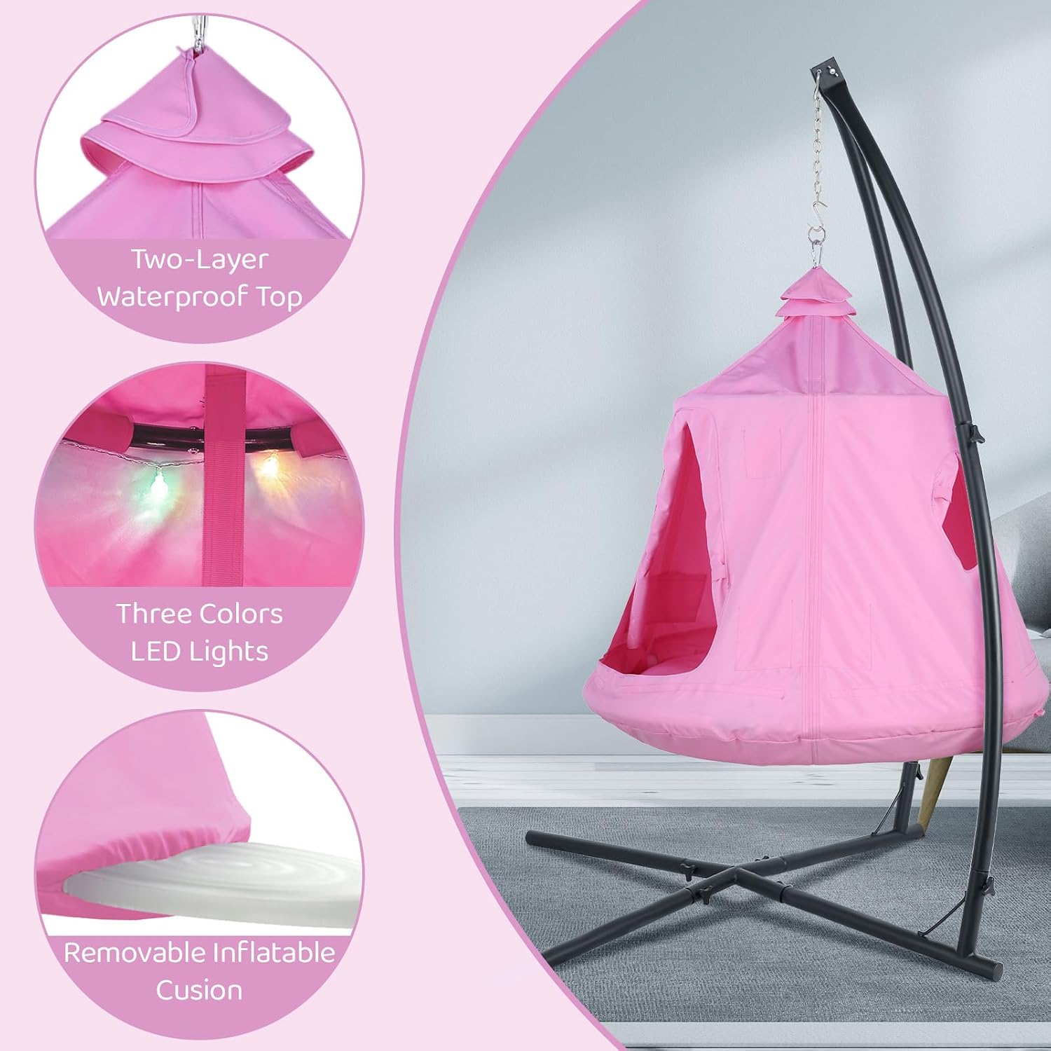 Arlopu Hanging Hammock w(Tree Tent & Metal Swing Chair) for Indoor/Outdoor, Egg Basket Patio Seat w/Adjustable Solid Stand, Porch Bedroom Balcony Chair (Pink)