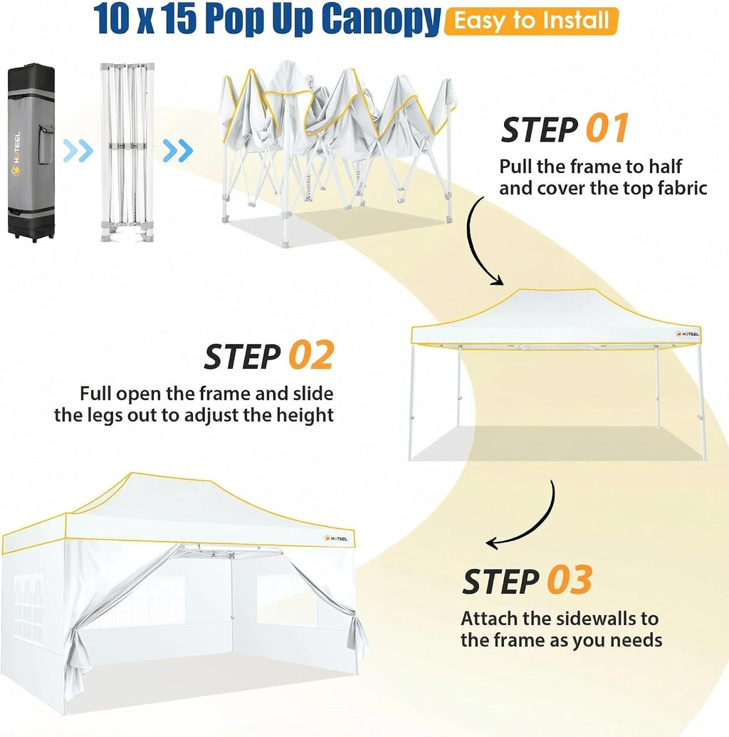 HOTEEL 10x15 Heavy Duty Pop up Canopy Tent for Parties with 4 Sidewalls, Easy Setup Outdoor Commercial Instant Gazebo for Wedding Event, with Roller Bag & Sand Bags, White(Hexagonal Frame)