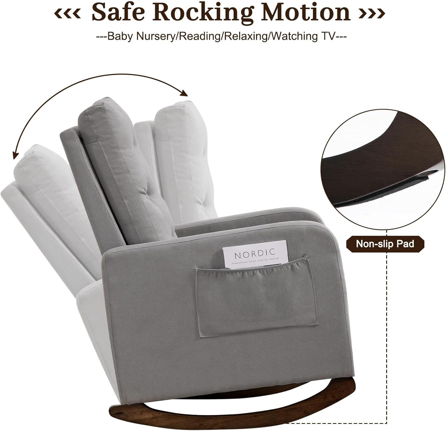 Nursery Rocking Chair, Comfy Upholstered Glider Rocker Armchair with Rubber Wood Legs High Back and Side Pocket for Living Room Bedroom, Light Gray