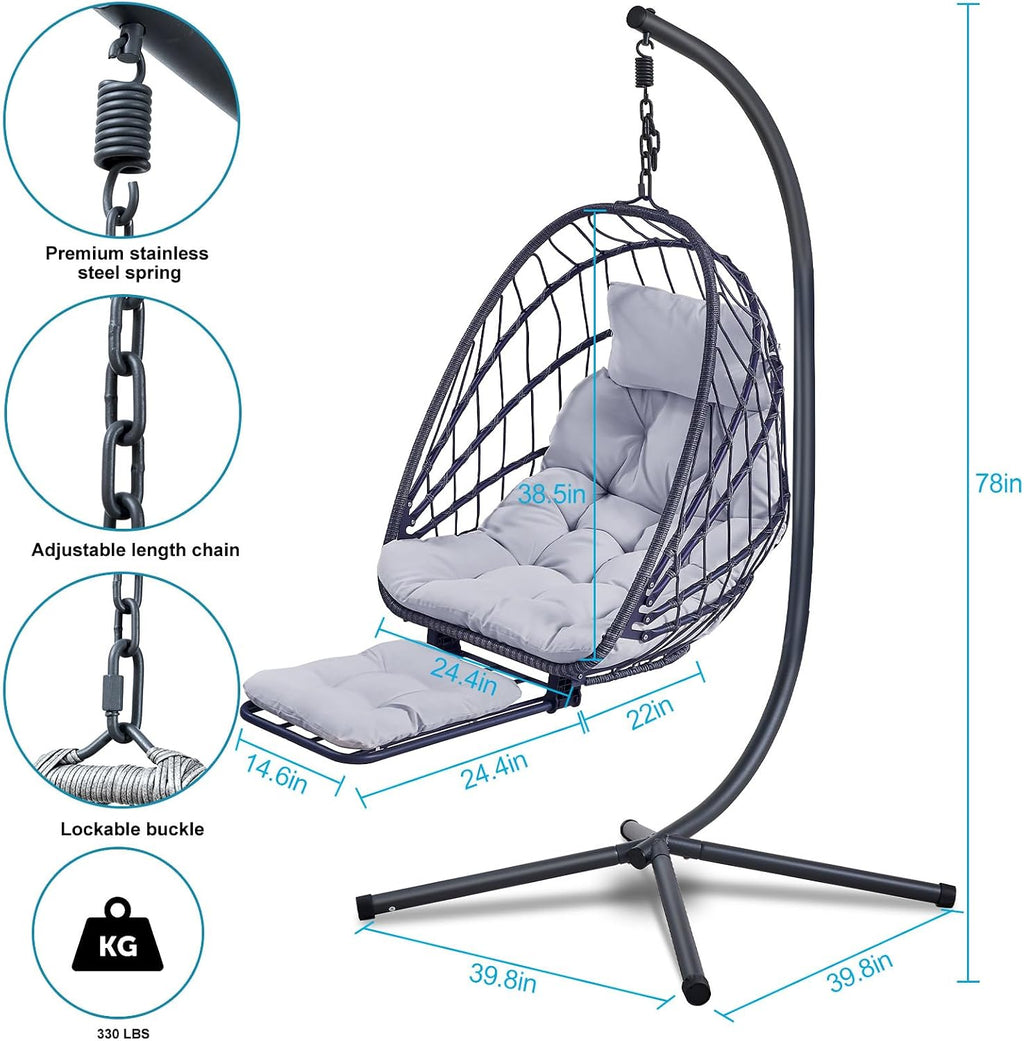 Hanging Egg Chair with Leg Rest and Stand – Rattan Wicker Swing Hammock Chair, UV-Resistant Cushion, Heavy-Duty Frame for Indoor & Outdoor Patio, Bedroom, Balcony, Garden – 330 lbs Capacity(Grey)