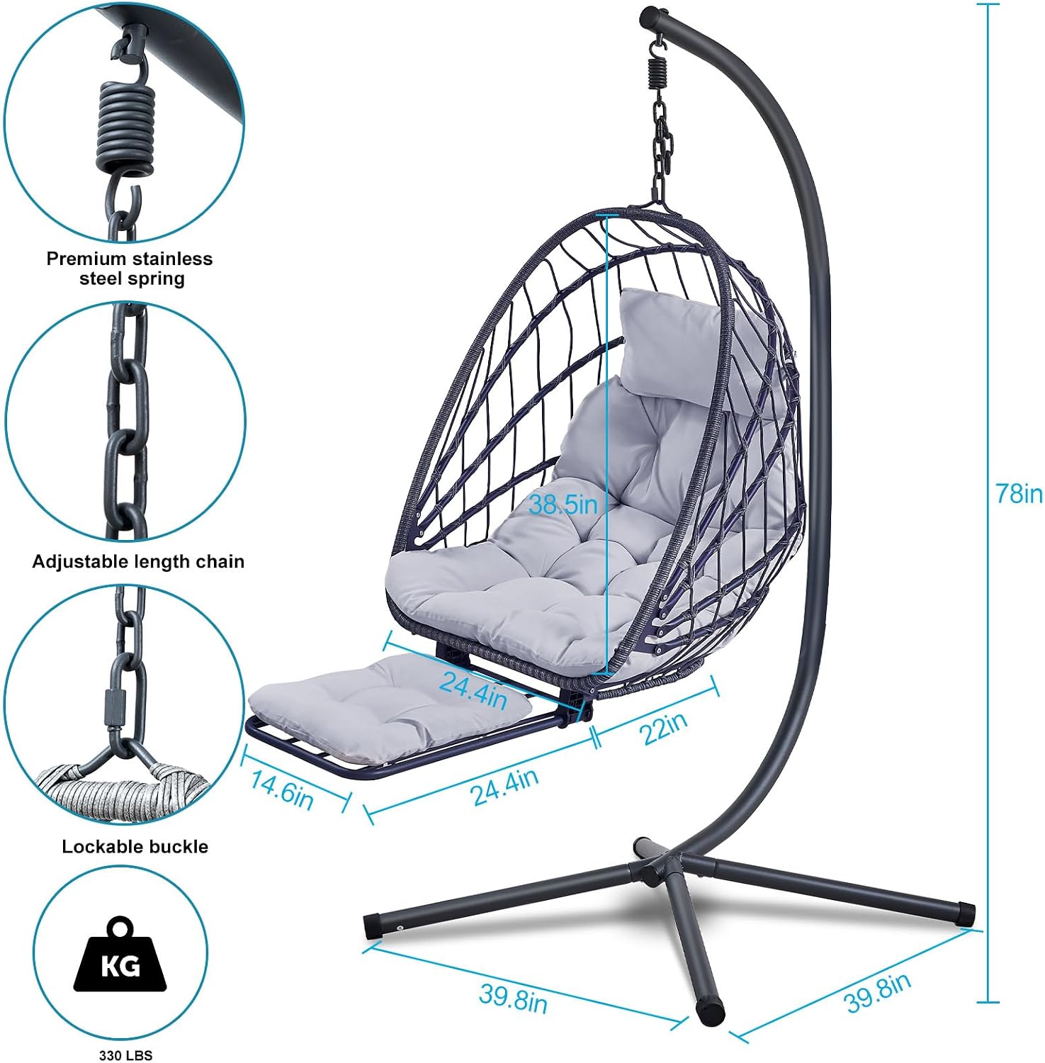 Hanging Egg Chair with Leg Rest and Stand – Rattan Wicker Swing Hammock Chair, UV-Resistant Cushion, Heavy-Duty Frame for Indoor & Outdoor Patio, Bedroom, Balcony, Garden – 330 lbs Capacity(Grey)