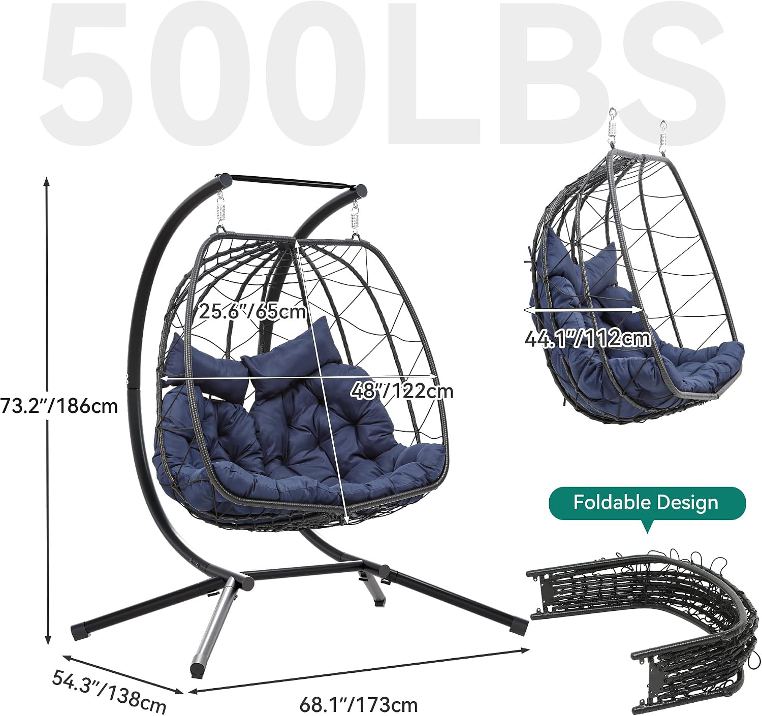 YITAHOME Hanging Egg Swing Chair with Stand Double Egg Chair 2 Person Wicker Chair Indoor Outdoor Hammock Egg Chair with Cushions 500lbs for Patio, Bedroom, Garden and Balcony, Navy Blue