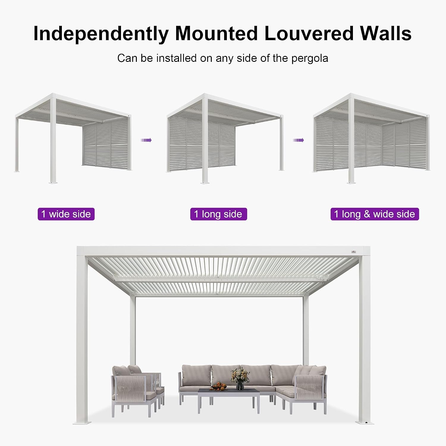PURPLE LEAF Louvered Pergola 10' x 12' Outdoor White Aluminum Pergola with Fixed Shutter Wall Adjustable Roof Gazebo for Patio Backyard, 1 Short Side
