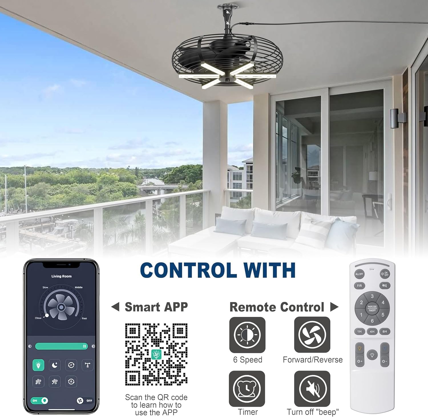 Coolbull 20'' Outdoor Ceiling Fan with Light, Wet Rated Gazebo Fan, Plug in Ceiling Fan, Hanging with Hook, Remote&APP, 6 Speeds, with Wood Blades