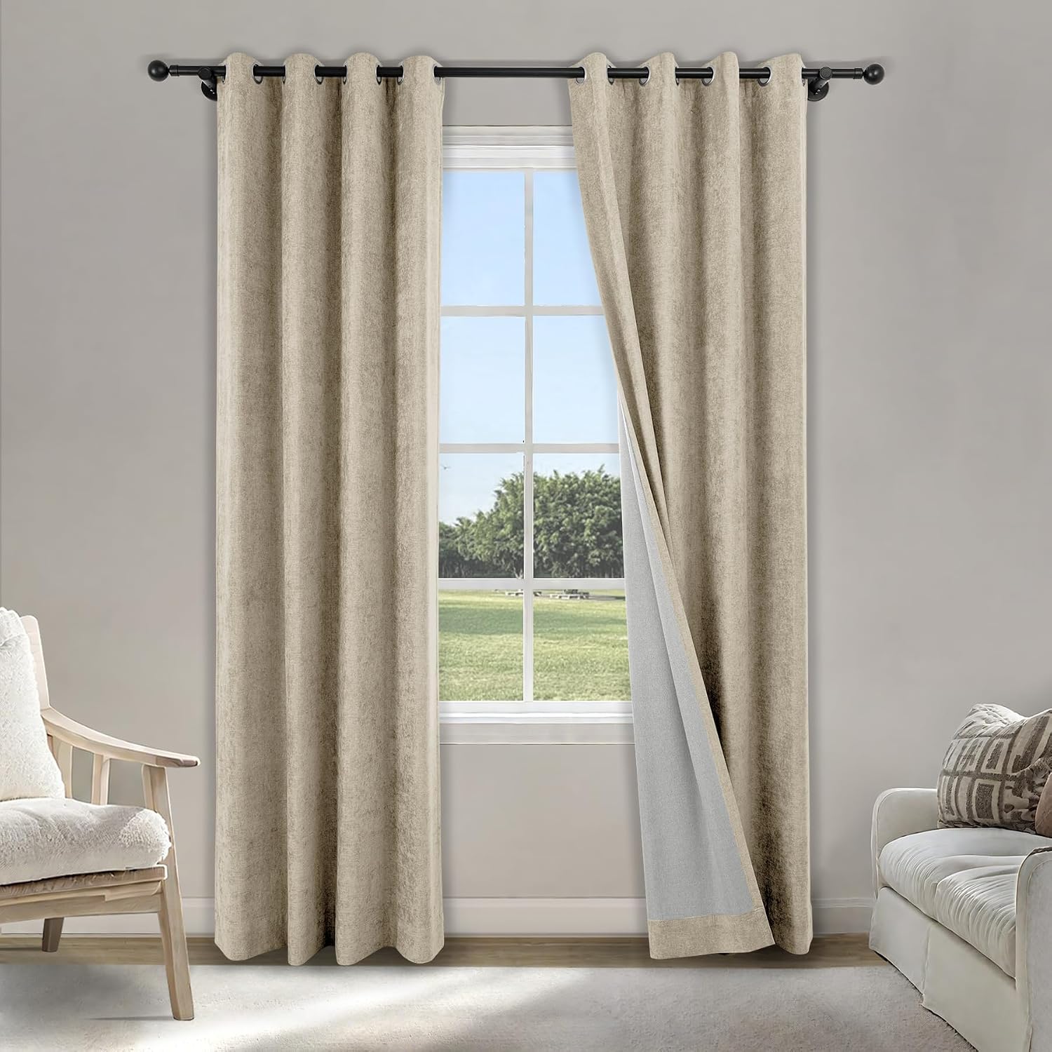 Fcosie 100% Light Blocking Chenille Drapes 96 inches Length, Nickel Grommet Top Curtains for Patio Door Apartment Window Gazebo Outdoor, Total Blackout Draperies, Beige 84' W by 96' L (2 Panels)