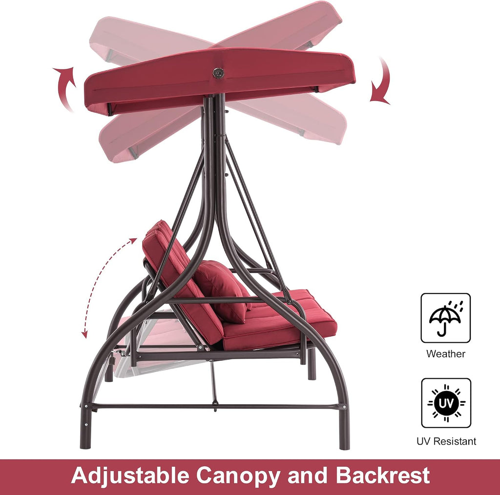 MCombo 3-Seat Outdoor Patio Swing Chair, 2-in-1 Convertible Porch Swing Glider Chair with Removable Cushions, Adjustable Canopy & Pillows for Backyard, Deck, Garden, 4068 (Burgundy)