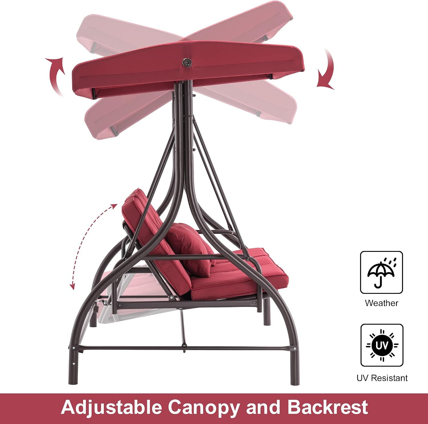 MCombo 3-Seat Outdoor Patio Swing Chair, 2-in-1 Convertible Porch Swing Glider Chair with Removable Cushions, Adjustable Canopy & Pillows for Backyard, Deck, Garden, 4068 (Burgundy)