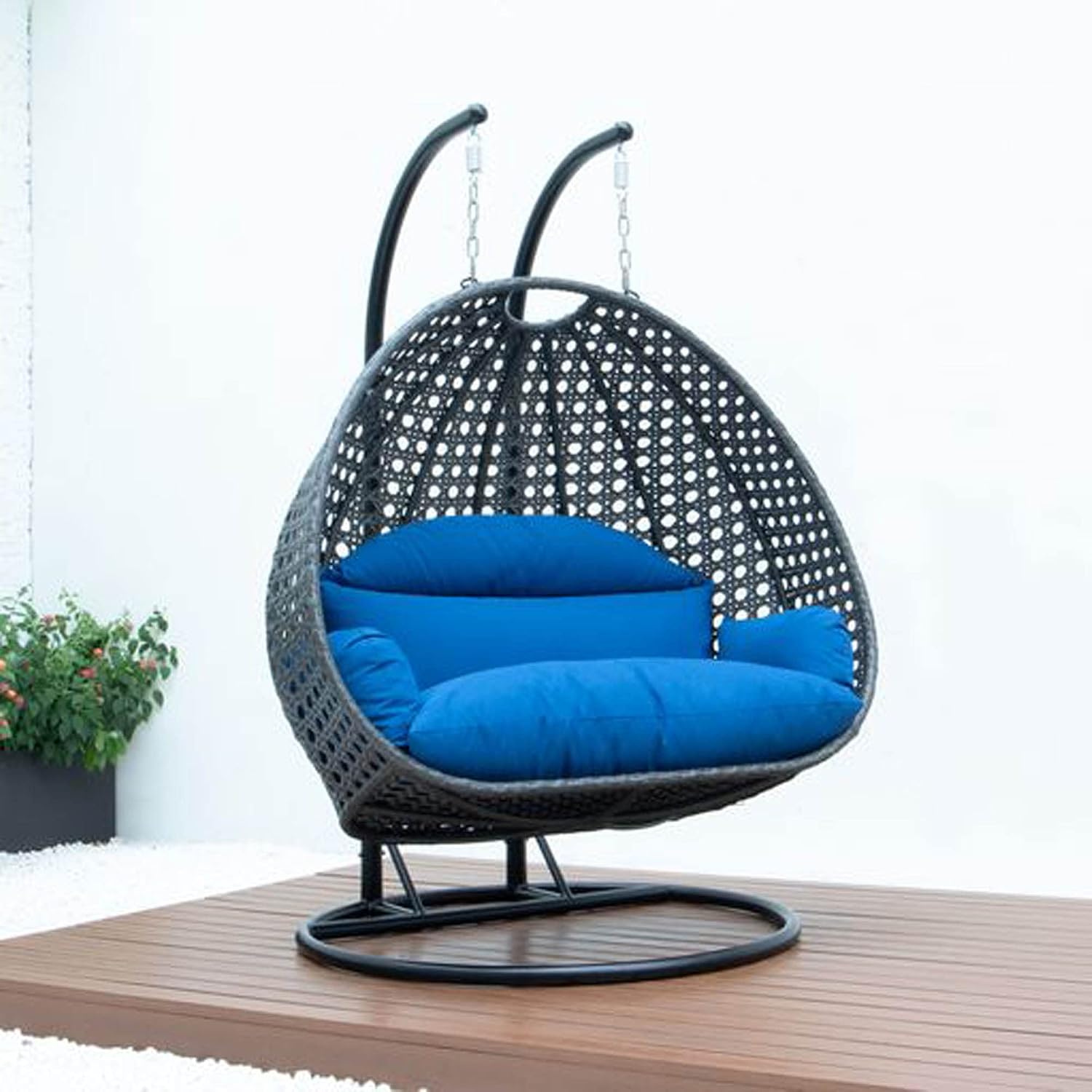 LeisureMod 2 Person Wicker Hanging Egg Chair with Stand & UV-Resistant Cushions for Indoor/Outdoor, Patio, Lounge, Hammock Seat, Blue