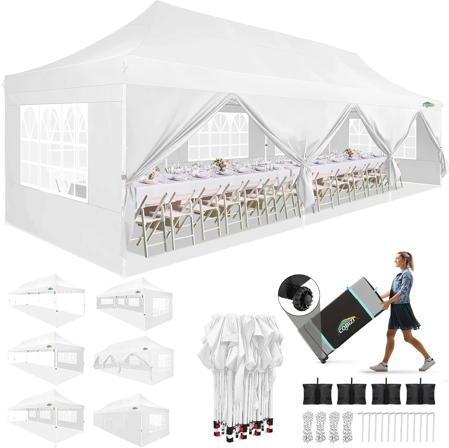 COBIZI 10x30 Pop up Canopy with 8 Removable Sidewalls & 4 Sandbags, Party Tent for Parties, Wedding, and Commercials, Waterproof and Instant Shelter UV50+ Ez Outdoor Canopy Tent with Roller Bag