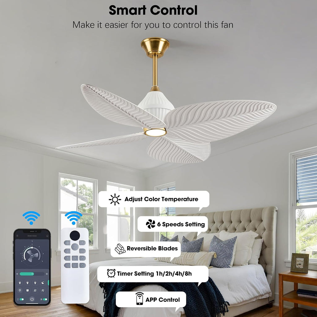 52' Tropical Ceiling Fans with Lights, Indoor Palm Leaf Ceiling Fan with Light and Remote for Living Room Bedroom, ABS Blades, Dimmable LED Lights, 6 Speeds, Adjustable Height-White Gold