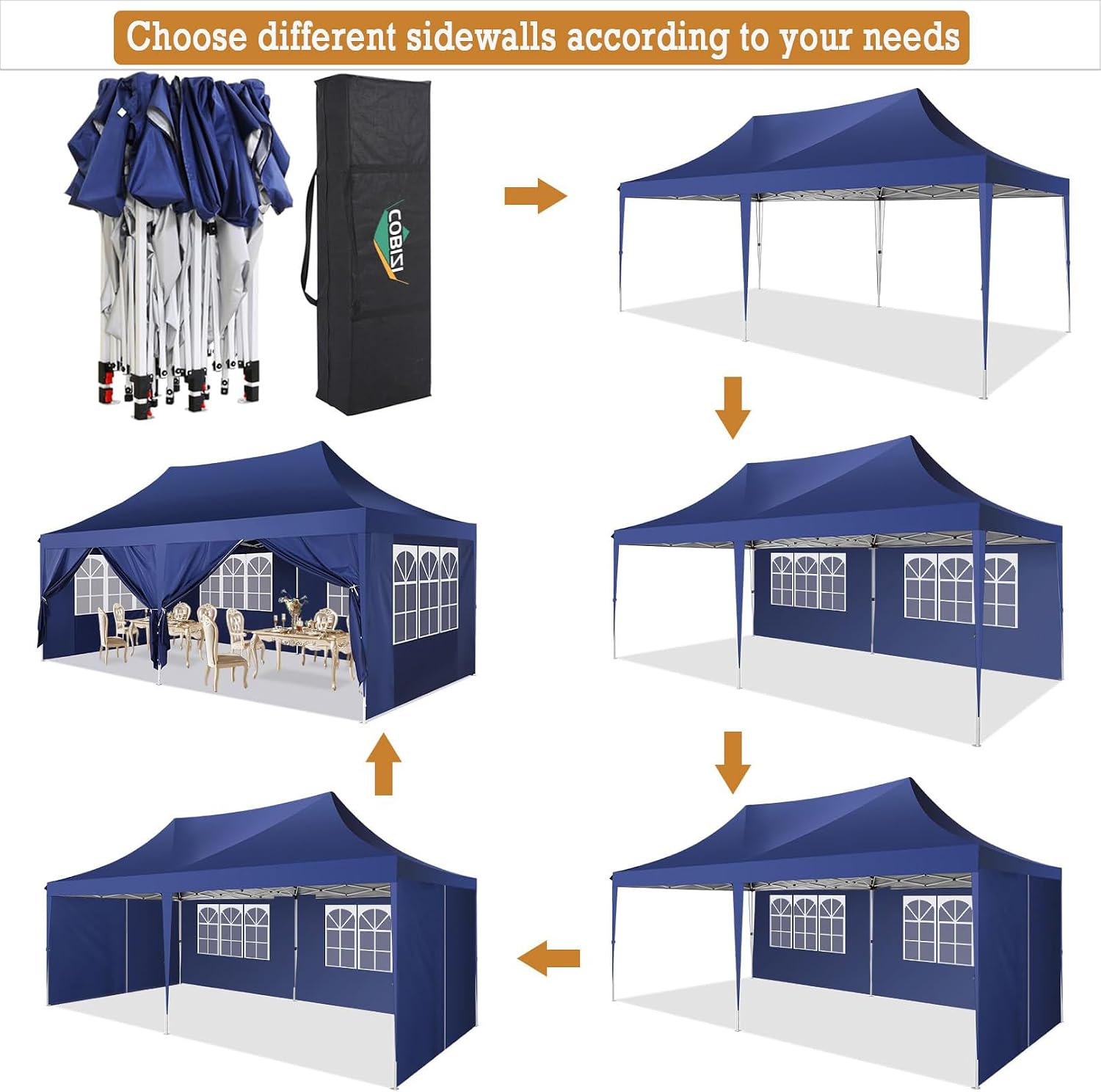 COBIZI 10x20 Pop Up Canopy with 6 Sidewalls 3.0, Wedding Party Outdoor Gazebos UV50+ Waterproof Tent for Parties, 3 Adjustable Heights, Blue(Frame Upgraded)