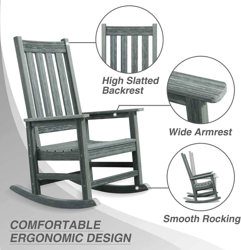 Outdoor Rocking Chair Set of 2, HDPE Oversized Patio Rocking Chairs, Weather Resistant, 350lbs Heavy Duty Porch Rocker with High Back for Backyard, Fire Pit, Garden and Indoor (Grey)