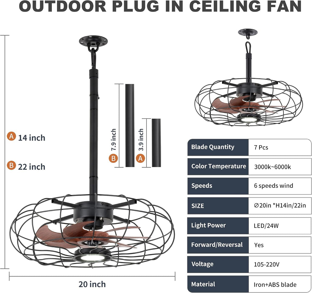 20' Outdoor Ceiling Fan with Light, With Remote and App Remote, IP65 Waterproof Gazebo Hanging Fan, 3CCT Dimmable, Portable Plug in Ceiling Fan with Cord Hook for Patio Porch Pergola Indoor(Black)