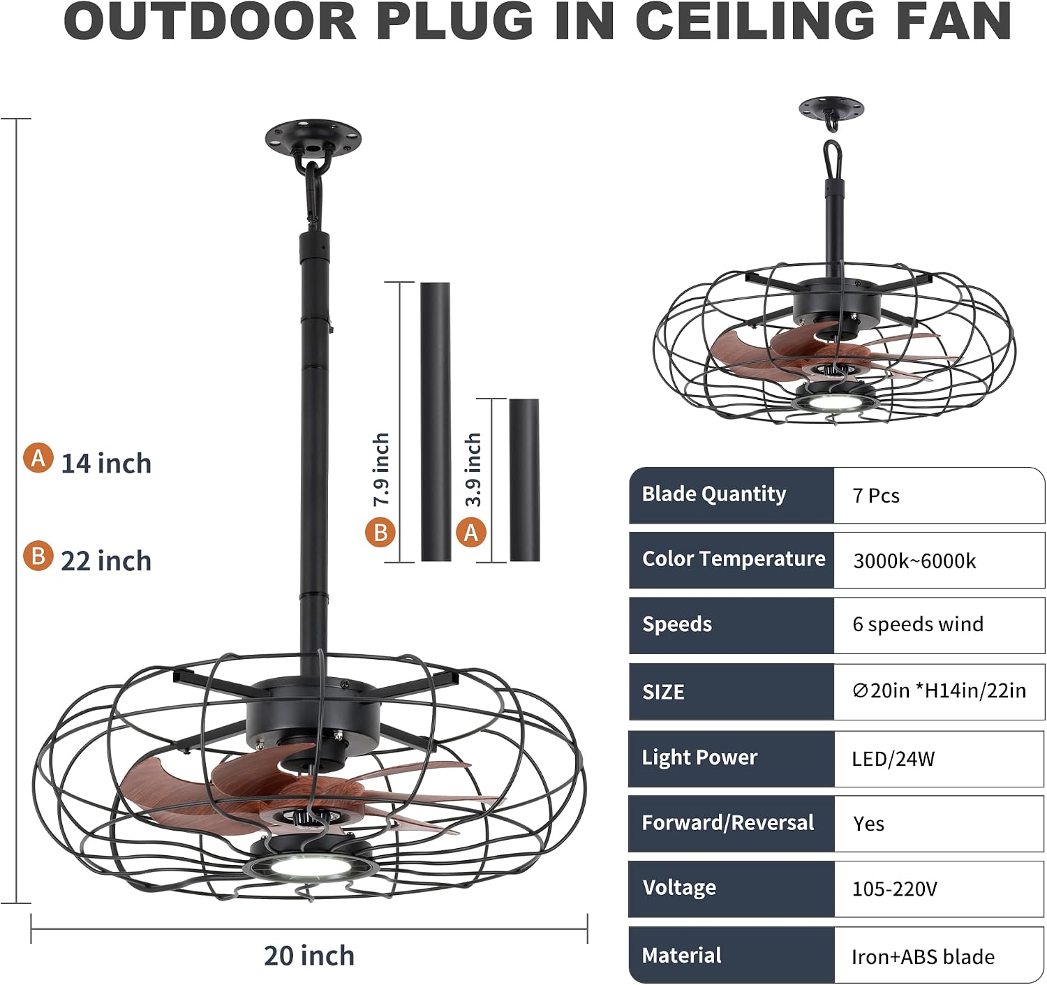 20' Outdoor Ceiling Fan with Light, With Remote and App Remote, IP65 Waterproof Gazebo Hanging Fan, 3CCT Dimmable, Portable Plug in Ceiling Fan with Cord Hook for Patio Porch Pergola Indoor(Black)
